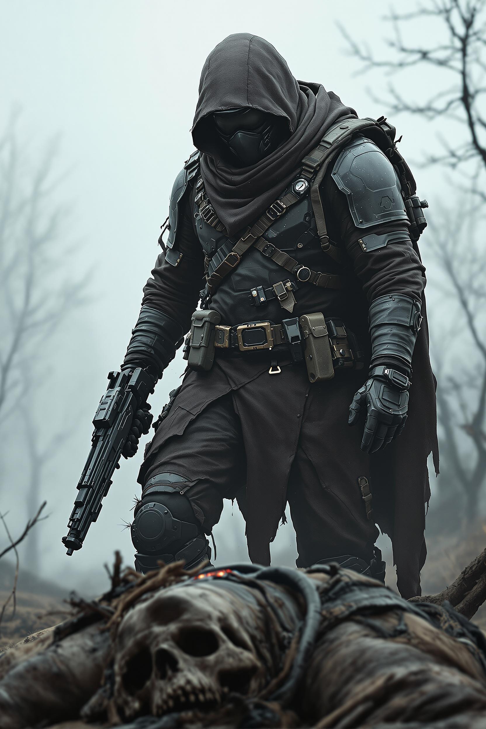 A detailed, realistic post-apocalyptic ranger in a mask and leather armor, with a sci-fi helmet and tactical outfit. He stands over his nemesis, holding a heavy rifle. The foggy, desolate landscape with barren trees enhances the gritty, survivalist mood. Dark, worn attire with advanced tech elements, in cinematic, textured photography.