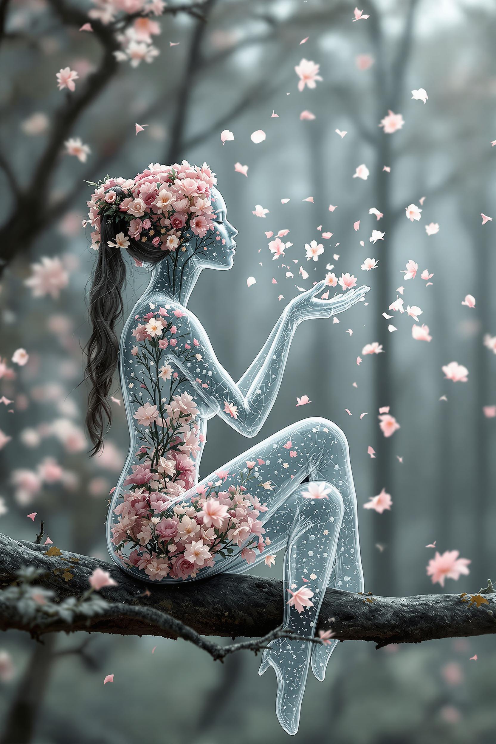 A beautiful glass woman with flowers inside is sitting on a branch blowing flower petals from her hands, a gray forest in the background, blurred background effect, Turn the image into a realistic landscape painting with natural details, Panoramic photo, full-bodied, ultra-realistic, 32K, detailed texture,