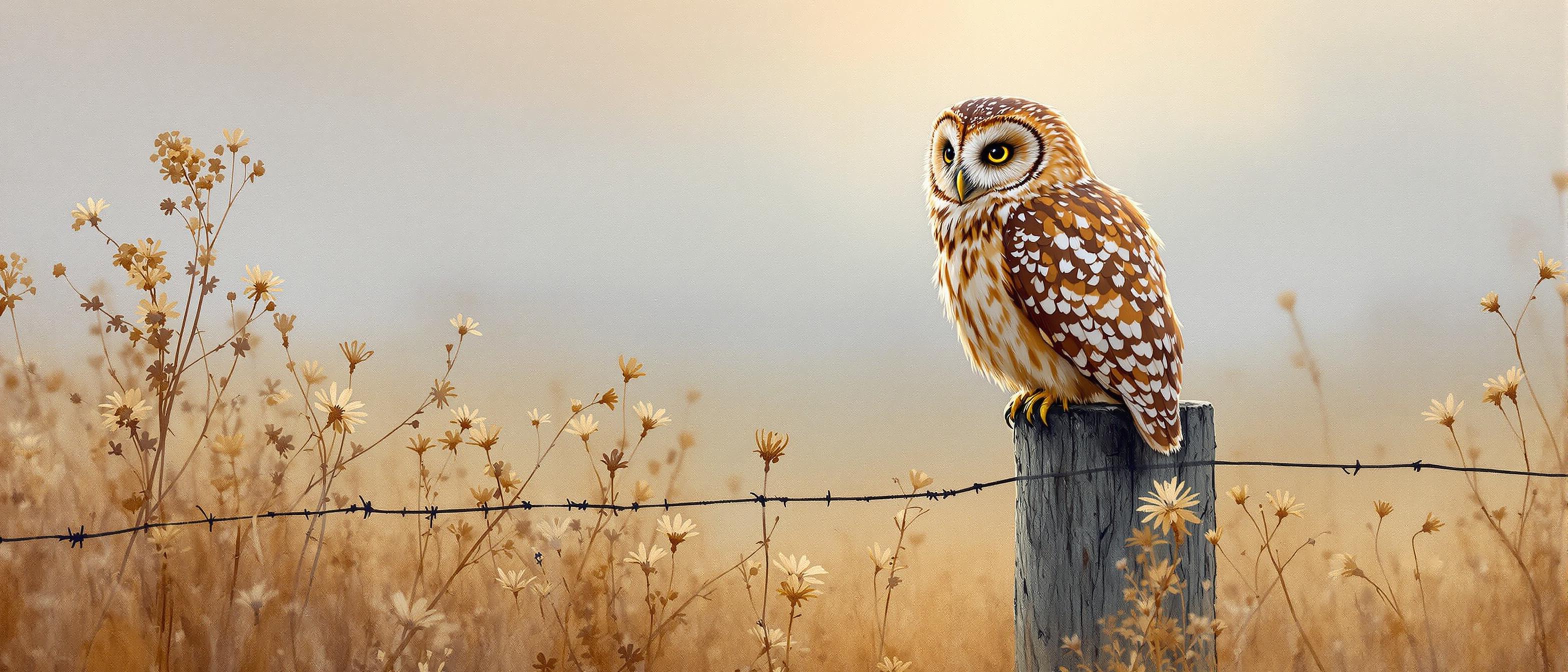 A tawny owl sitting on a fence post, one eye open, one eye closed. Tall grass and dried flowers, bg misty dawn with a hint of sunrise, oil and alcohol ink