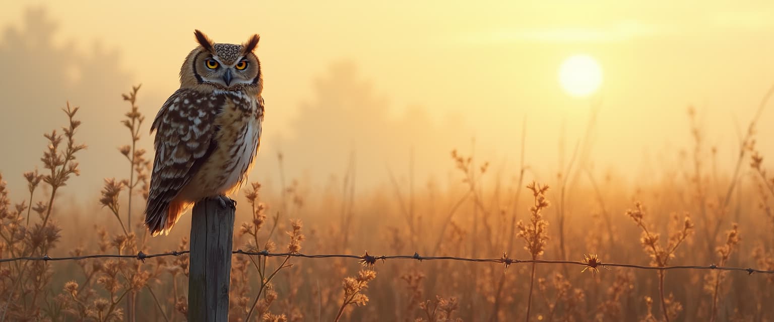 A tawny owl sitting on a fence post, one eye open, one eye closed. Tall grass and dried flowers, bg misty dawn with a hint of sunrise, oil and alcohol ink