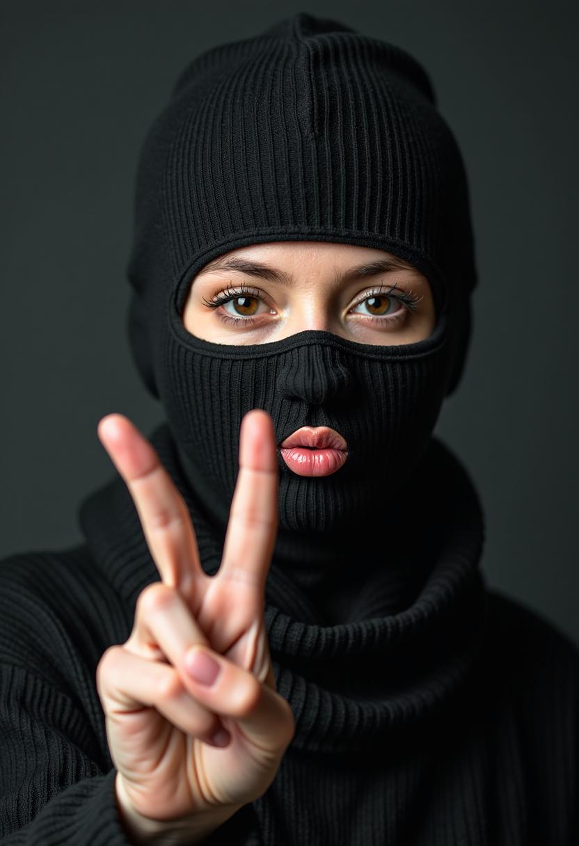 a close-up girl in a burglar balaclava outfit mask, lips puckered up to give a kiss and give a peace sign
