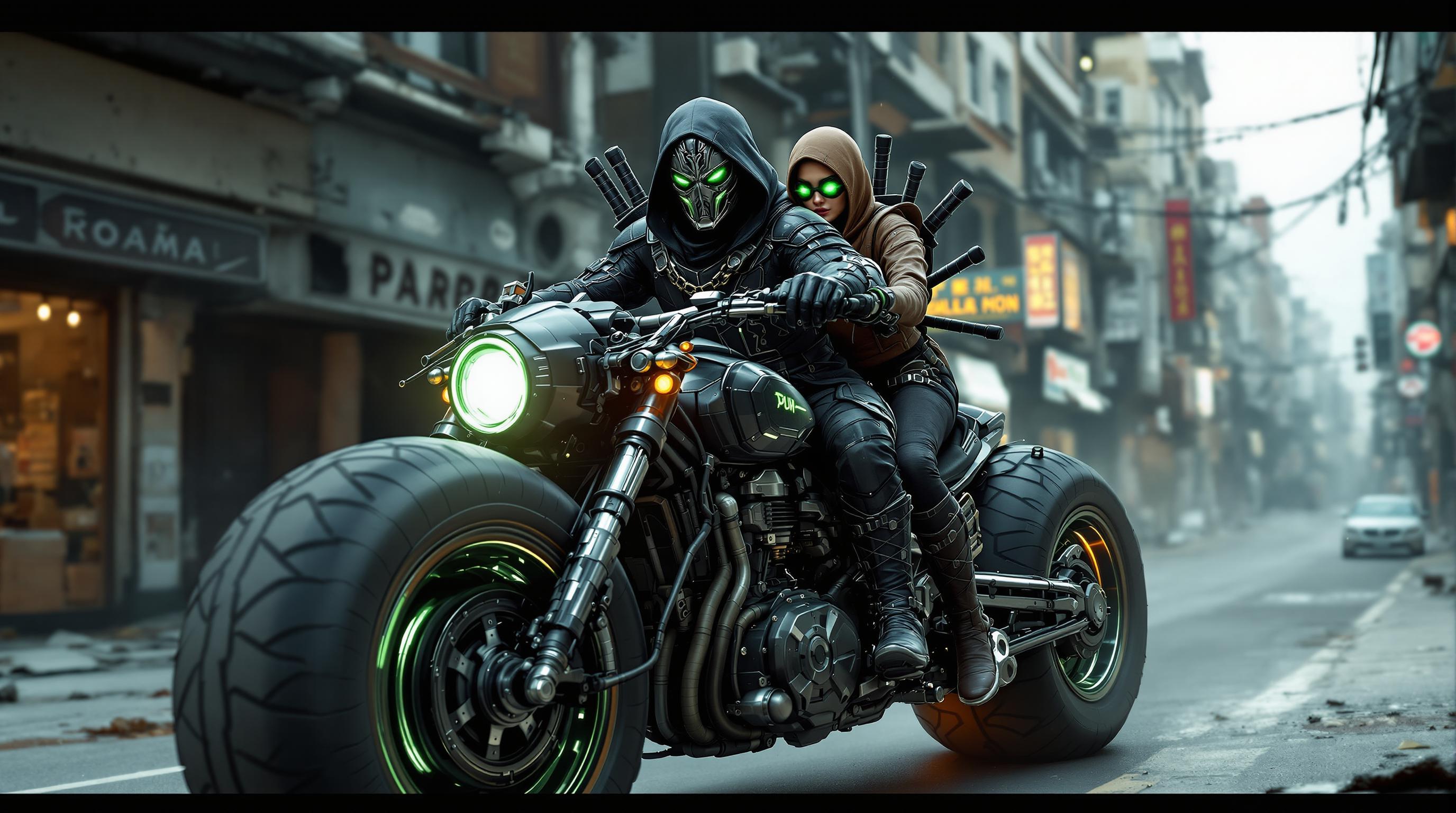 Create a highly detailed and photorealistic image of two post-apocalyptic warriors riding a heavily modified, futuristic motorcycle through a decayed urban street. The driver wears dark, armor-like clothing with intricate textures, a hood, and a menacing metallic mask, fully embodying a mysterious and intimidating presence. The passenger, wearing a brown hood and equipped with glowing green goggles, reveals her face, which should appear highly realistic with lifelike skin textures, subtle shadows, and sharp details. She carries a set of swords strapped to her back, adding to the intensity of the scene.
The motorcycle should be massive and industrial, with visible mechanical parts, glowing neon green accents, and oversized tires built for survival in a ruined world. The background depicts a crumbling city with abandoned storefronts, broken windows, and faded signs, emphasizing the desolate and chaotic environment. The lighting should enhance the scene's gritty realism, highlighting reflections on the motorcycle and subtle facial details of the characters, creating a natural and cinematic atmosphere