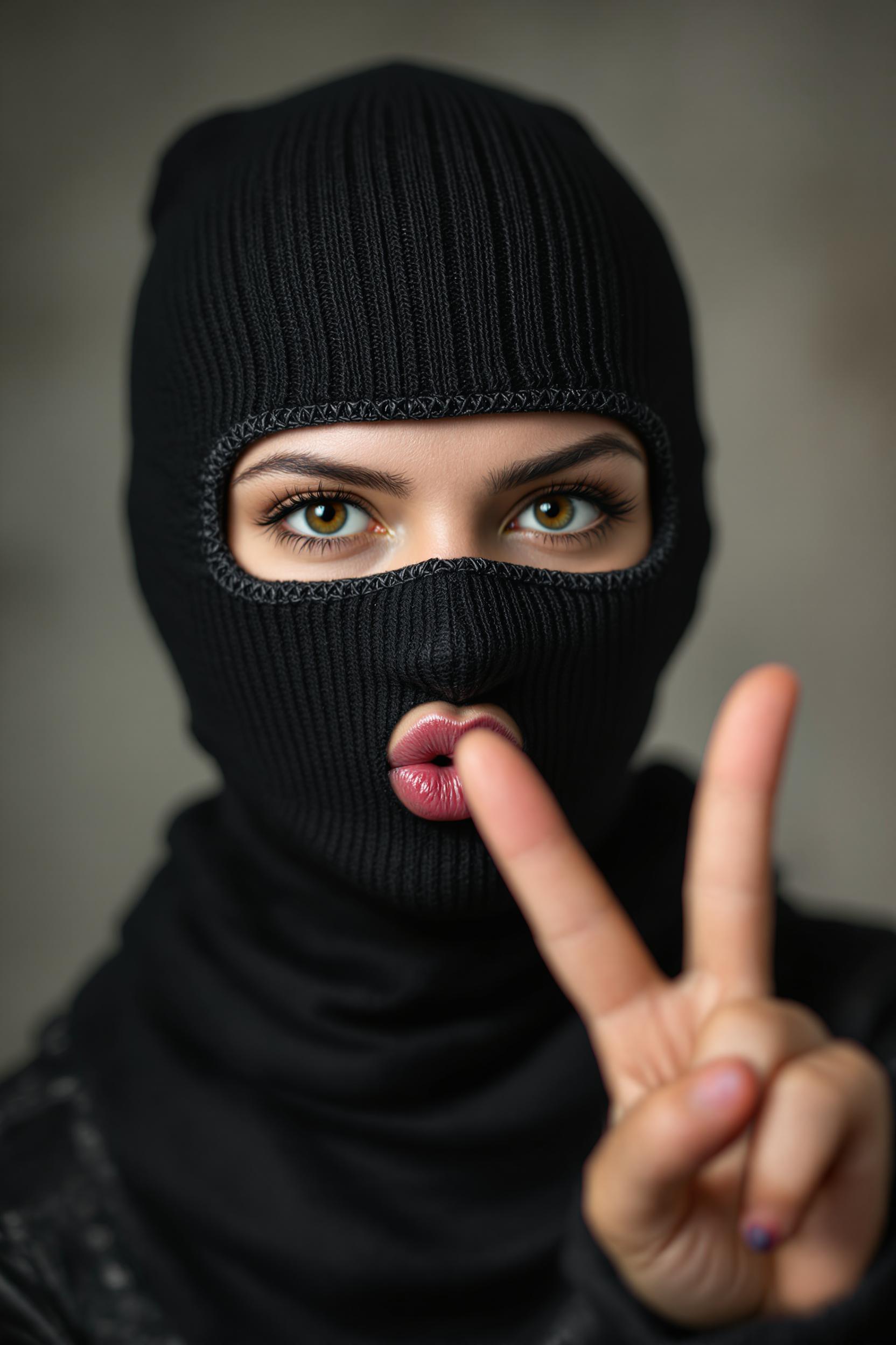 a close-up girl in a burglar balaclava outfit mask, lips puckered up to give a kiss and give a peace sign