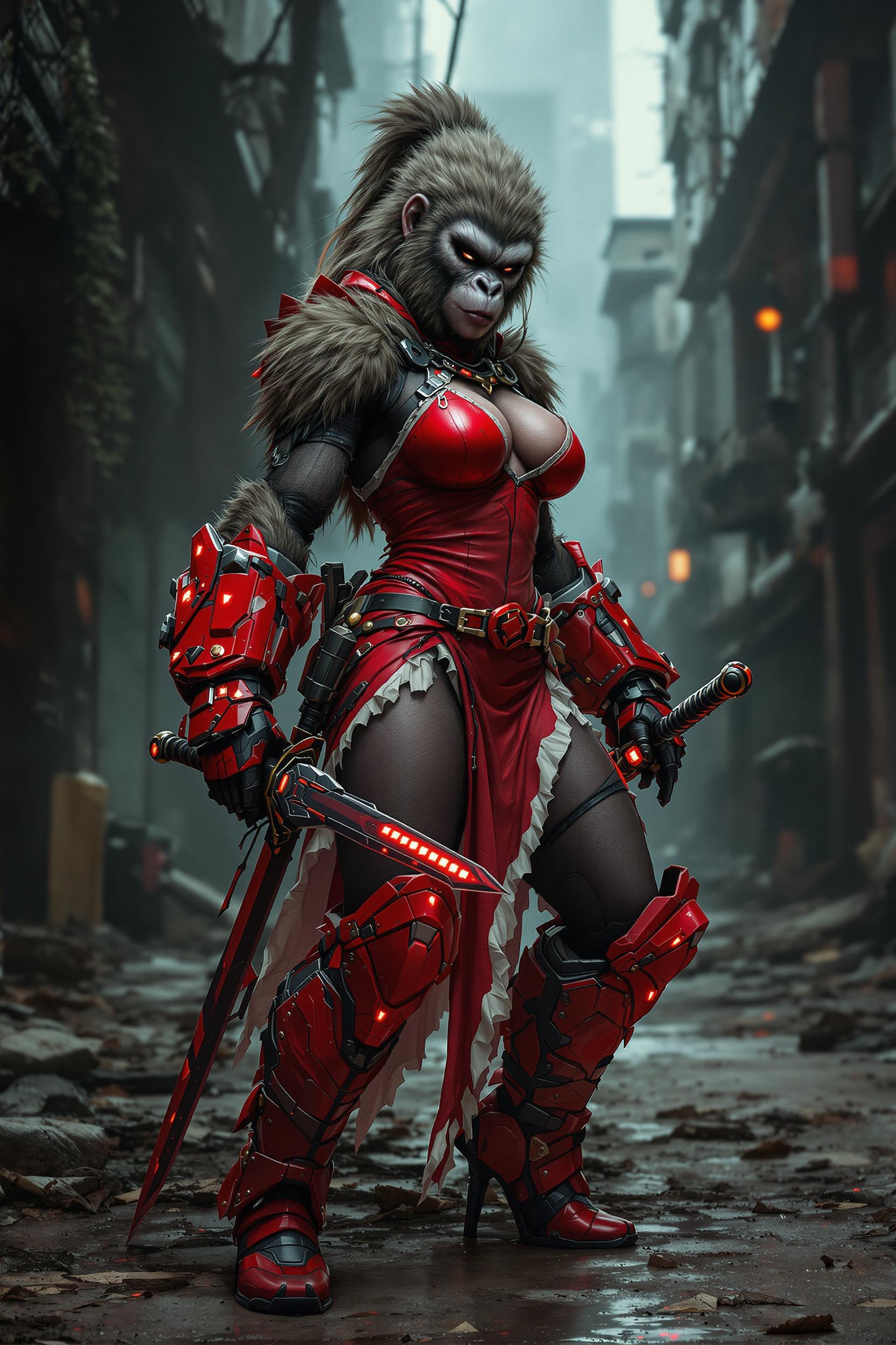 Prompt: Create a highly detailed and photorealistic image of athletic & tough post-apocalyptic warrior she female gorilla with gorilla face, rugged fuzzy hair, some eyeliner, fulllips, lipgloss, wearing a heavily modified and partly torn fitting red dress with while trim & tall red shiny boots with armored buckles, holding a big red futuristic fortified katana sword with small glowing lights on the end. Dark, decayed urban street is the surrounding environment . The female gorilla warrior fully embodies a mysterious and intimidating presence with lifelike skin textures. Sharp details throughout. female-form