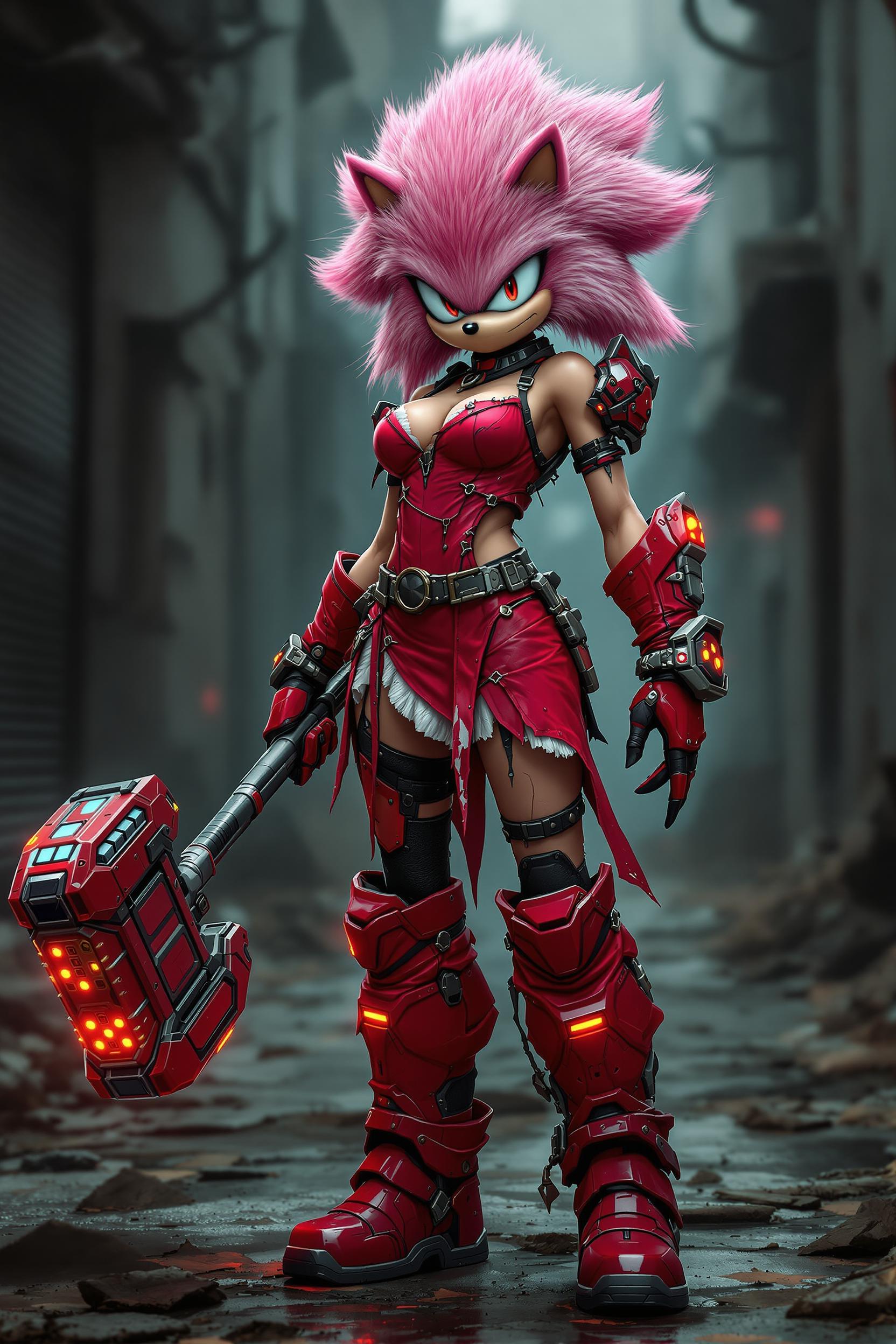 Prompt: Create a highly detailed and photorealistic image of athletic & tough post-apocalyptic warrior resembling pink Amy hedgehog from Sonic with rugged fuzzy fur and hair, wearing a heavily modified and partly torn fitting red dress with while trim & tall red shiny boots with armored buckles, holding a big red futuristic fortified warhammer with small glowing lights on each end. Dark, decayed urban street is the surrounding environment . The female hedgehog warrior fully embodies a mysterious and intimidating presence with lifelike skin textures. Sharp details throughout.