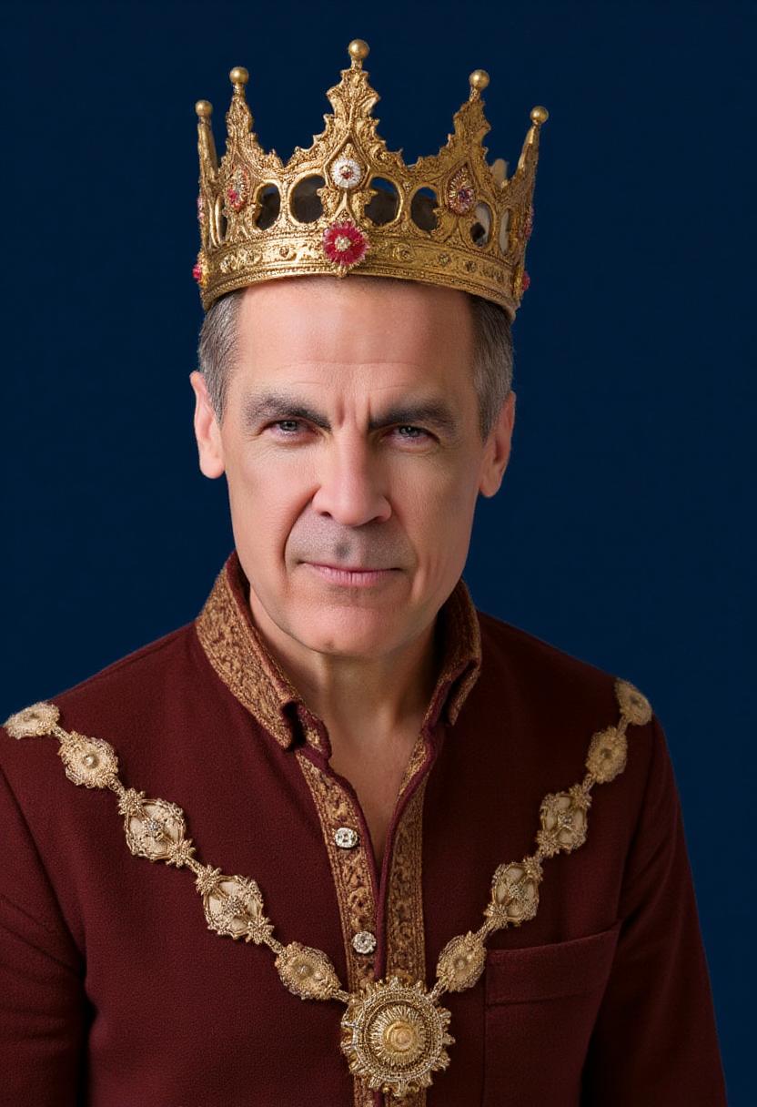 a photo of CARNEY, a Renaissance portrait of CARNEY looking at viewer, facing camera, a regal figure resembling a king wearing a crown. The character should have a strong, imposing facial structure, adorned with a luxurious crown with jewels. They wear an intricately embroidered robe featuring elaborate patterns and jewelry, including necklaces with ornate pendants. The background should be a deep, royal blue to emphasize the subject's majesty..   in the style of Hans Holbein the Younger