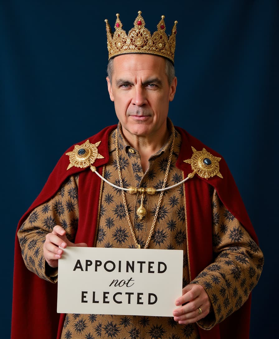 a photo of CARNEY, a Renaissance portrait of CARNEY looking at viewer, facing camera, a regal figure resembling a king wearing a crown. The character should have a strong, imposing facial structure, adorned with a luxurious crown with jewels. They wear an intricately embroidered robe featuring elaborate patterns and jewelry, including necklaces with ornate pendants. The background should be a deep, royal blue to emphasize the subject's majesty..   in the style of Hans Holbein the Younger.

He is holding a sign that reads "APPOINTED not ELECTED"