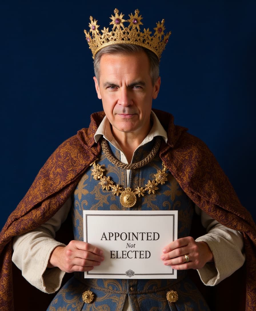 a photo of CARNEY, a Renaissance portrait of CARNEY looking at viewer, facing camera, a regal figure resembling a king wearing a crown. The character should have a strong, imposing facial structure, adorned with a luxurious crown with jewels. They wear an intricately embroidered robe featuring elaborate patterns and jewelry, including necklaces with ornate pendants. The background should be a deep, royal blue to emphasize the subject's majesty..   in the style of Hans Holbein the Younger.

He is holding a sign that reads "APPOINTED not ELECTED"