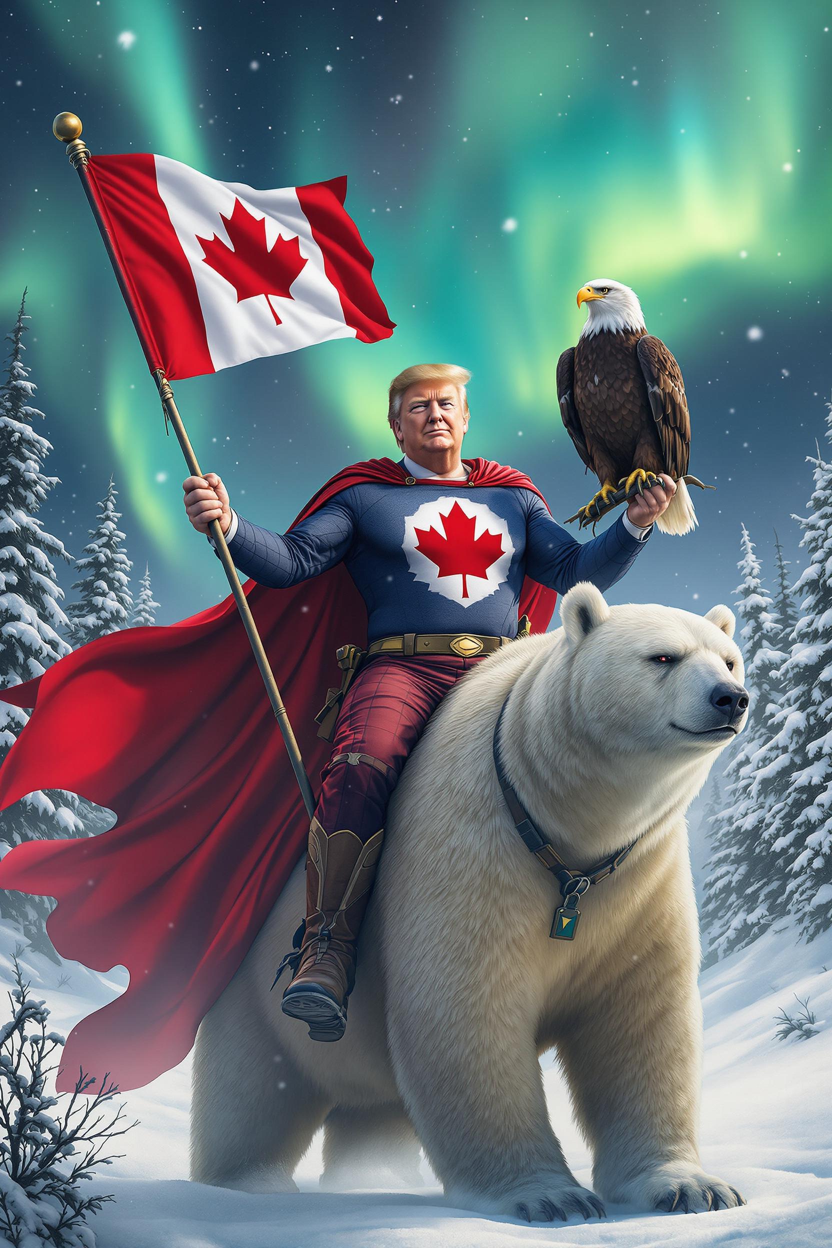 Create an image on a Donald Trump with a MAPLE Leaf chest on his chest, wearing superman cape, riding a polar bear in the snowy winter, a bald eagle sits on his shoulder, he is holding a Canadian Flag on a pole. Background winter, northern lights