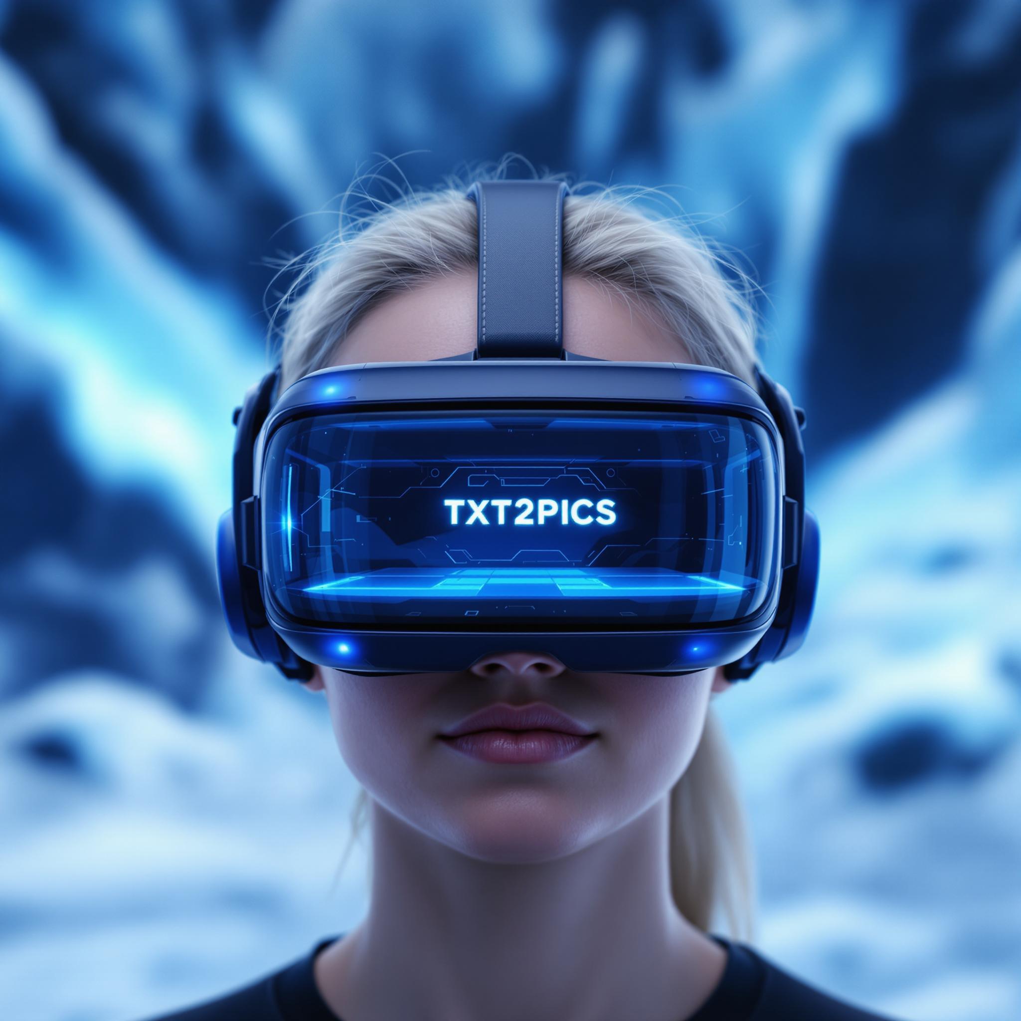 This image depicts a person, facing the viewer, wearing a virtual reality headset. The headset has a sleek, modern design with a dark blue and black color scheme, featuring a curved, semi transparent screen that displays the text TXT2PICS in a white font against a blue background. The headset is equipped with earpieces that are also dark blue, matching the overall color scheme.The person is wearing a dark colored top, and their hair is blonde and pulled back, likely to keep it out of the way while using the VR headset. The background of the image is a blurred, cool toned landscape that suggests a high-tech or futuristic setting, with icy or snowy elements and a blue hue, which complements the overall color palette of the image.The lighting in the image is soft and diffused, with a cool blue tone that matches the overall color scheme. There is a sense of depth created by the blurred background, which gives the impression of a three-dimensional space.The art style of the image is digital, with a focus on clean lines and a modern aesthetic. The medium appears to be a digital photograph or a digitally manipulated image, given the clarity and sharpness of the details.Overall, the image conveys a sense of advanced technology and futuristic exploration, emphasized by the use of cool tones, hightech equipment, and a blurred, otherworldly background.