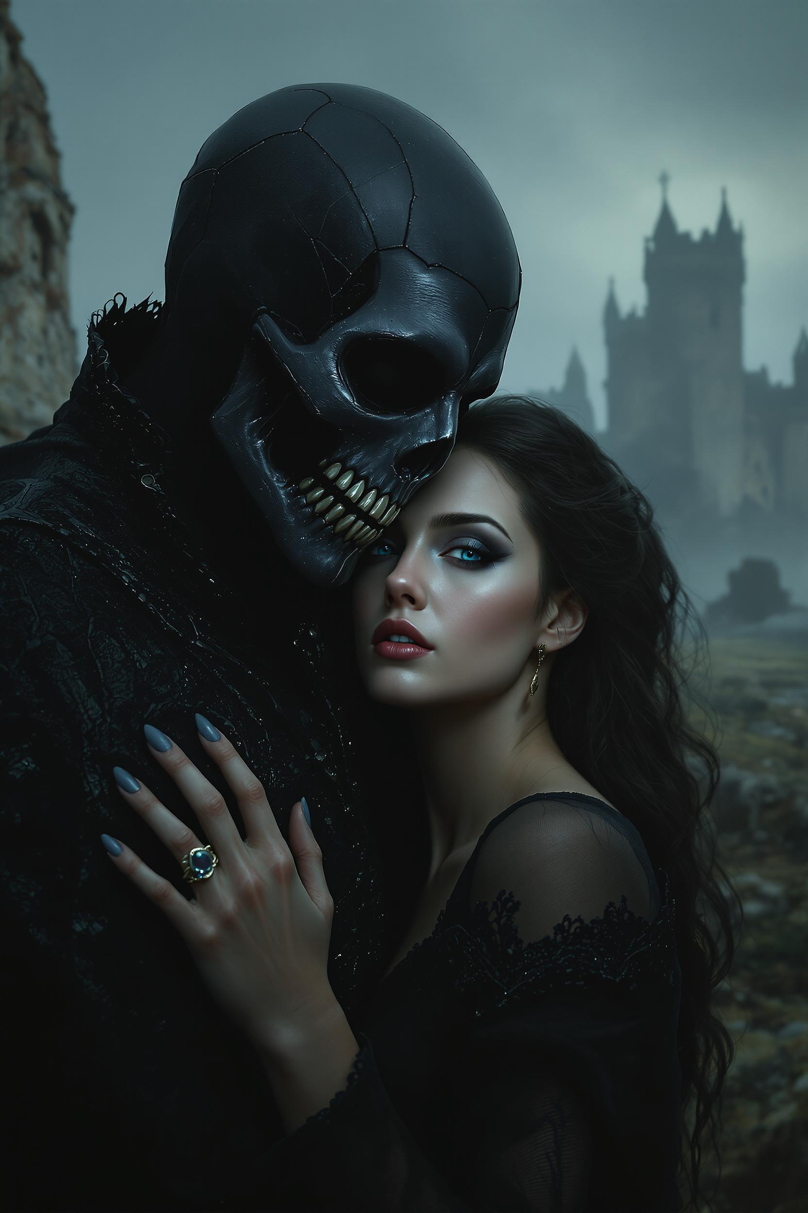 Ultra-photorealistic, ultra-detailed gothic scene in 8K HD, depicting a dark ghoul embracing a woman. The ghoul has a skull-like face covered in a black, leather texture, hollow eyes and shadowy, slender hands. The woman's face is hyper-realistic, with detailed skin texture and blue eyes - she looks like she's in love. The background is a misty, medieval landscape with a ruined castle, painted subtly in an oil style. ultra-detail ultraphotographic ultra-real hd 8k.