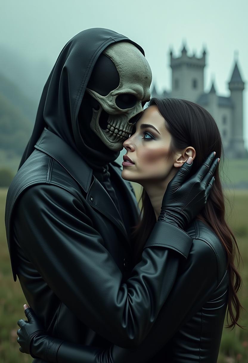Ultra-photorealistic, ultra-detailed gothic scene in 8K HD, depicting a dark ghoul embracing a woman. The ghoul has a skull-like face covered in a black, leather texture, hollow eyes and shadowy, slender hands. The woman's face is hyper-realistic, with detailed skin texture and blue eyes - she looks like she's in love. The background is a misty, medieval landscape with a ruined castle, painted subtly in an oil style. ultra-detail ultraphotographic ultra-real hd 8k.