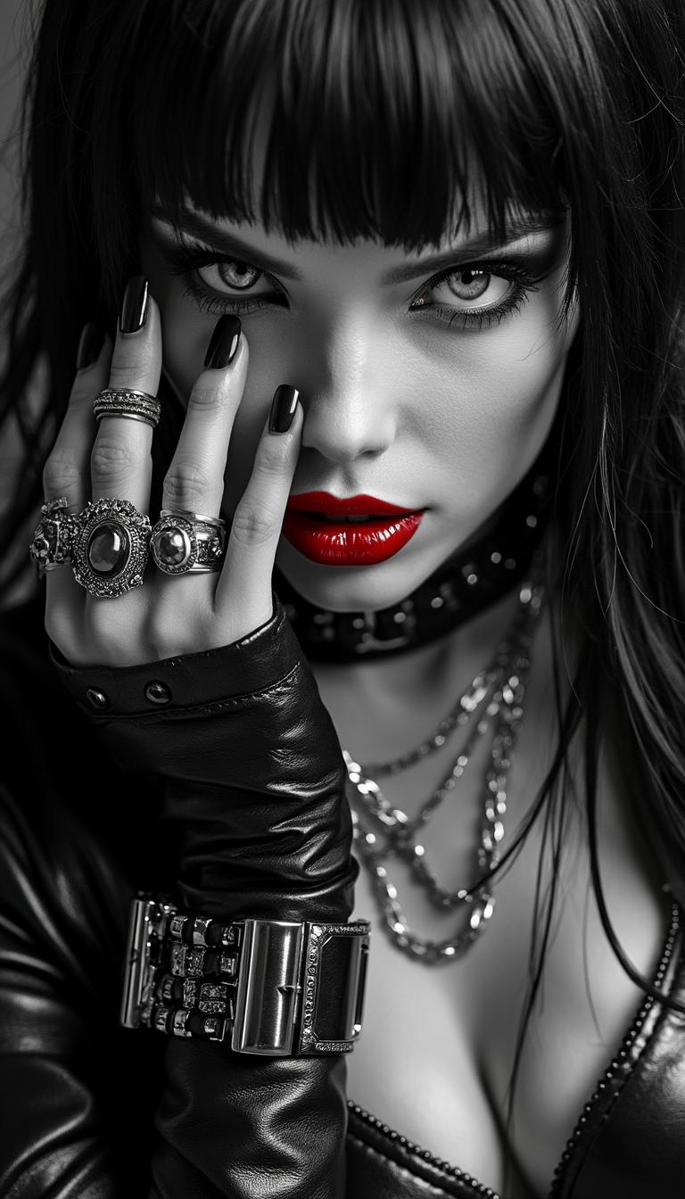 Noir poster, close-up of stunning escort girl in a leather outfit, gothic punk, Chiaroscuro, nearly black and white with red lips, Gothic fantasy, rings, bracelets, necklaces, chains, massive jewelry, leather outfit, an image in the artistic style of Frank Miller and Robert Rodriguez, professional photography, magnificent, alluring and attractive image, a combination of dark fantasies and gangsters, long loose hair, UHD, perfect body and eyes, wide-open pupils, sharp gaze, dark lips, light teasing smile, perfect, strict, flawless face, makeup, gloomy fantasy, overly detailed.