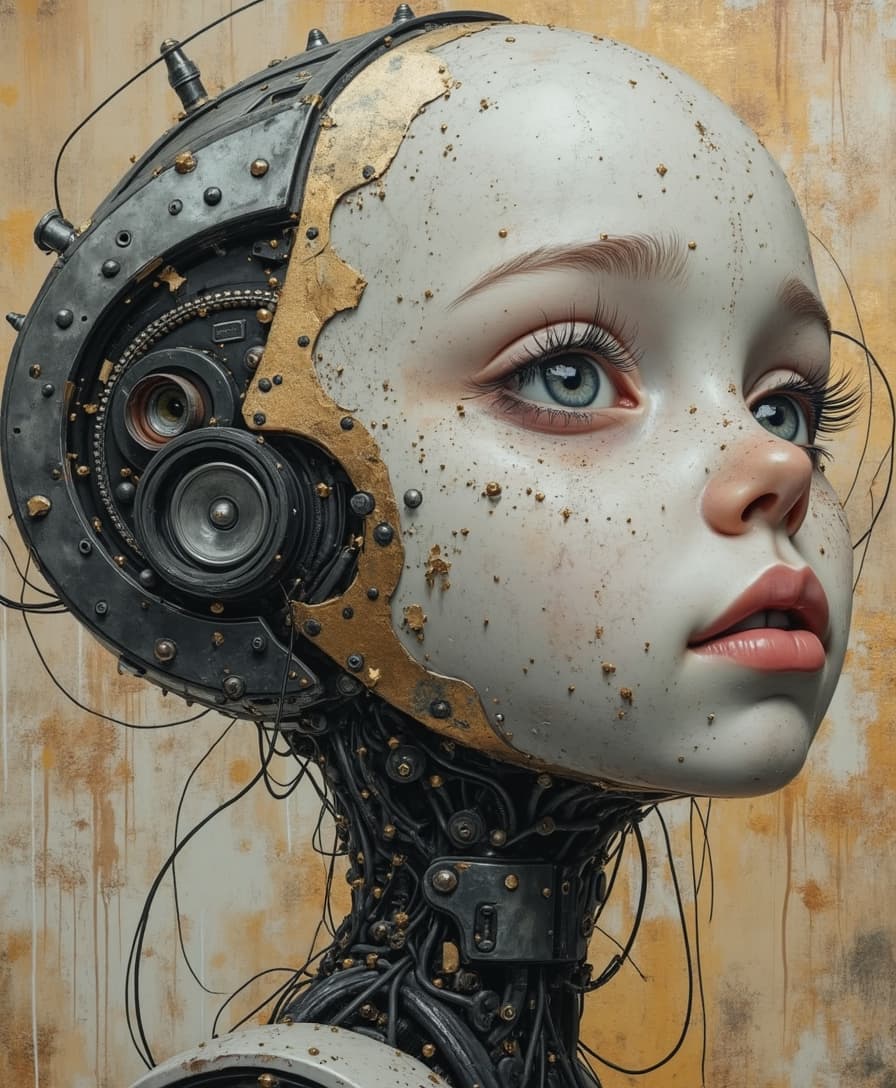 In the style of Thomas Moran and Pascal Campion and Greg Craola SimKins and paul klee ,beautiful young girl cyborg, amazing face, porcelain robot body, complex background, tiny detailed , acrylic on canvas, abstract scrapbooking, greyscale pencil sketch with golden gilded impas
