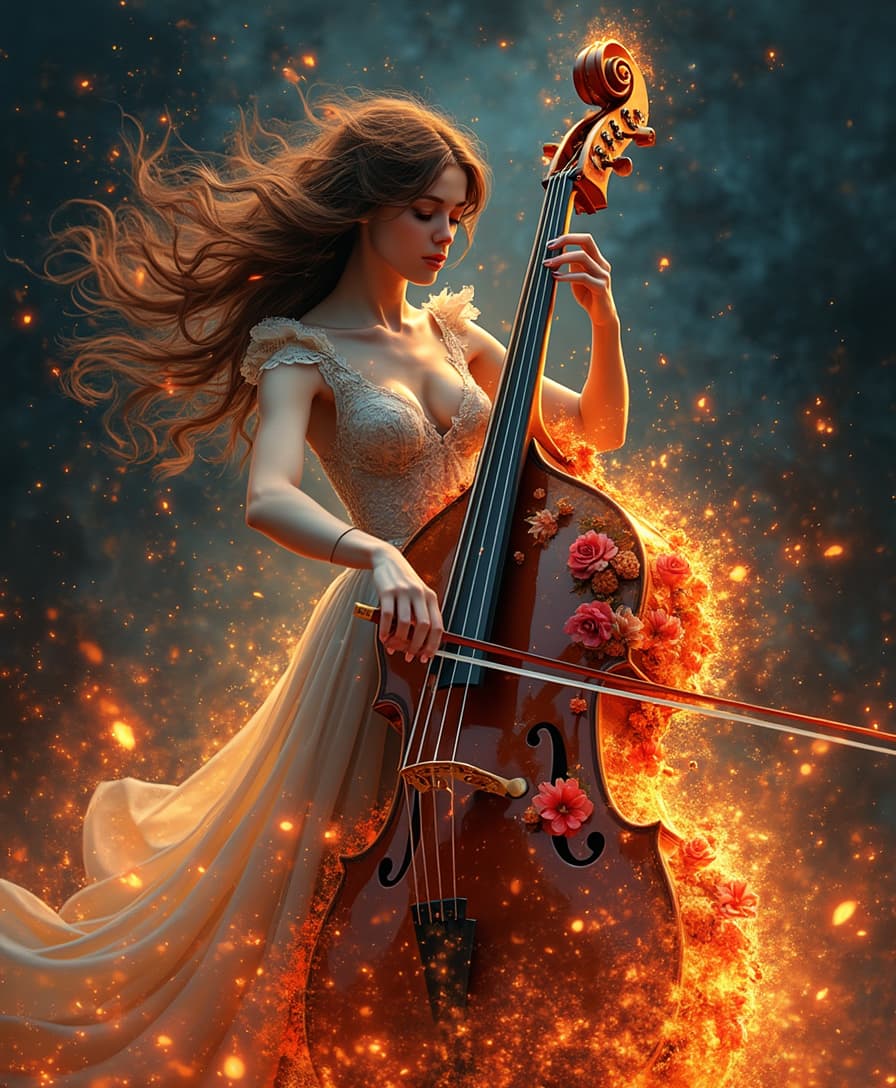 full body view of a woman playing bass enveloped in sparkling flames, burning flowers, intertwined techniques of Karol Bak and Leonid Afremov, digital nuances inspired by Jody Bergsma, on a clean blac background, embellished with baroque refinement, channeling the reflective and luminous touch of Victor Nizovtsev, digital painting, colors full of life, complexity at its peak, 8k clarity.