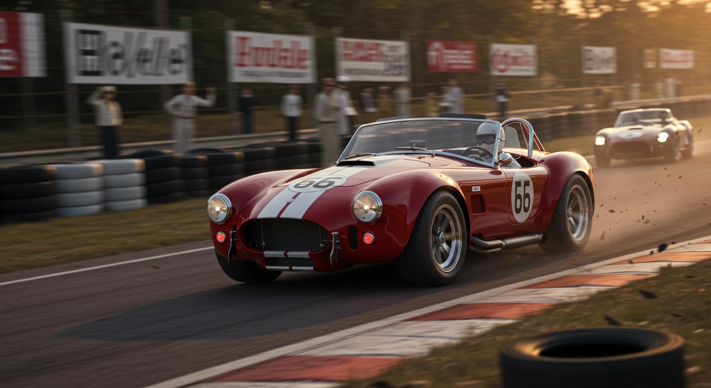 Create an ultra-realistic, action-packed rendering of a race car driver of that era driving a 1966 Shelby 428 Cobra in vibrant red with bold white racing stripes taking an extreme curve on a 1966-era road raceway, mid-pack among other pre-1966 classic race cars. The Cobra's tires grip the track fiercely, sending up small amount of gravel and rubber debris as it leans into the curve, capturing the raw power and precision of the race. The background showcases vintage race banners, trackside spectators in 1960s attire, and blurred motion effects emphasizing high-speed intensity. The atmosphere is charged with heat shimmer from the asphalt, exhaust fumes, and dramatic golden-hour lighting, enhancing the nostalgic yet thrilling realism of the scene..