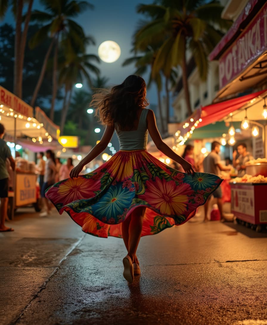 A young Filipina twirls gracefully under the embrace of the moonlight, her vibrant dress swirling like a cascade of tropical flowers, the fabric shimmering with each movement. The bustling streets of Manila come alive around her, illuminated by the warm glow of street lamps that cast soft, golden halos against the night sky, while the distant sounds of laughter and music weave through the air like a melodic tapestry. The pavement beneath her feet glistens with remnants of a recent rain, reflecting the kaleidoscope of colors from nearby food stalls adorned with bright banners and flickering fairy lights, creating a festive atmosphere that dances along with her. 

In the background, the silhouettes of palm trees sway gently, their fronds whispering secrets to the night breeze, while the outlines of colonial architecture stand sentinel, their stories etched in the weathered walls. The scene unfolds from a low angle, capturing the exuberance of her movements against the backdrop of the lively street, as onlookers pause to witness the joyful expression of culture and spirit that radiates from her. The night is alive, a canvas splashed with the hues of celebration, where every element converges to create a moment of pure enchantment.