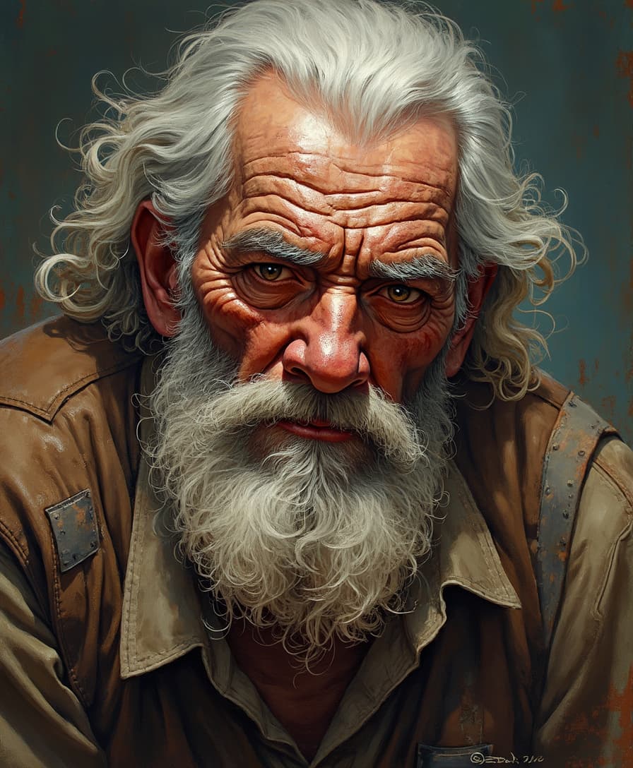 A robust elderly man with a commanding presence, his weathered face bearing traces of wisdom and strength. This character exudes a sense of power and resilience, with strong, defined features that tell a story of a lifetime of experience. The image is a vivid painting that beautifully captures the essence of the man's character. Every detail is meticulously rendered, from the intricate lines on his face to the texture of his well-worn clothing. The colors are rich and vibrant, enhancing the depth and realism of the portrait. Overall, this striking image truly brings to life the enduring spirit of the elderly man, making it a masterpiece worth treasuring.