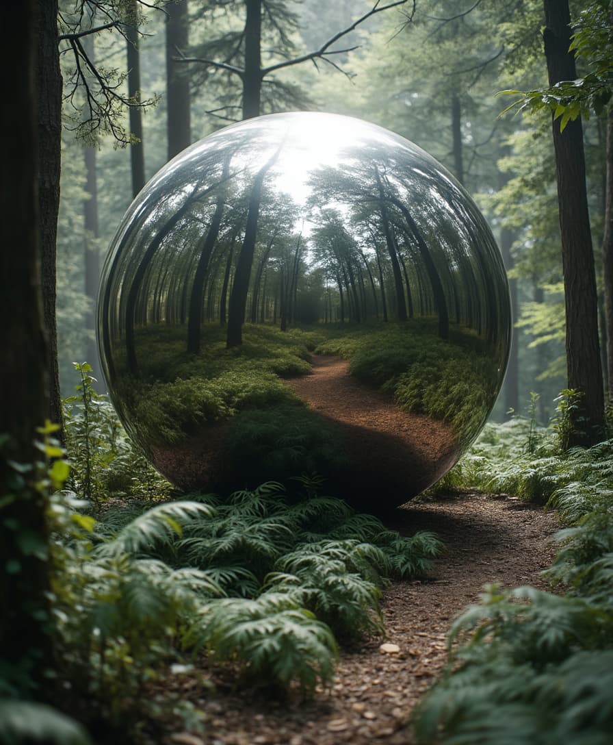 A large stainless steel sphere sits in the forest, reflecting light and trees. The surroundings include ferns and other foliage, creating an atmosphere of mystery and magic. A reflection can be seen on one side of the ball, adding to its overall sense of wonder. The scene has a cinematic quality.
