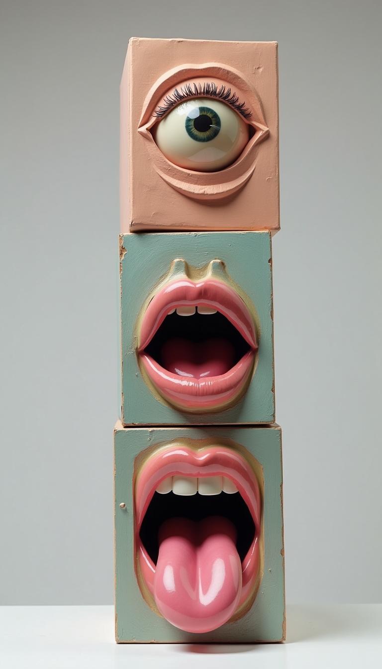 A tall sculpture made of three different boxes stacked on top of each other. The first box contains an eye and a mouth, the second one has human lips, and the bottom is filled with a pink tongue. 