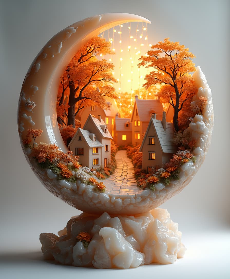 Crescent Moon Sculpture with a town inside, made of quartz material, features autumn, with lights hanging from houses in the forest, creating a warm and cozy atmosphere. The warm lighting effect enhances the overall scene. The sculpture is set against a white background with a beautifully carved quartz base, showing exquisite details and bright colors, evoking a feeling of warmth and joy. 4k, high definition, clear, sharp, miniature.
