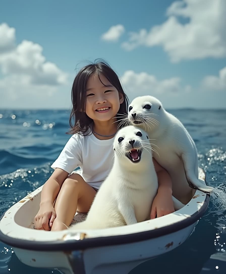 realistic photo. Two world's tiniest pure - white seal pups is in a speedboat on the sea with a cute beautiful 6 year old asian girl a white T-shirt. The little girl is holding the seals, beaming with joy, and the seals has its mouth wide open, smiling happily too. The sea water is deep blue, with a few calm waves rippling. Against the backdrop of a blue sky and white clouds, the scene is incredibly lifelike. The photograph was taken with a Hasselblad X2D, resulting in a cinematic, hyperrealistic style. 
