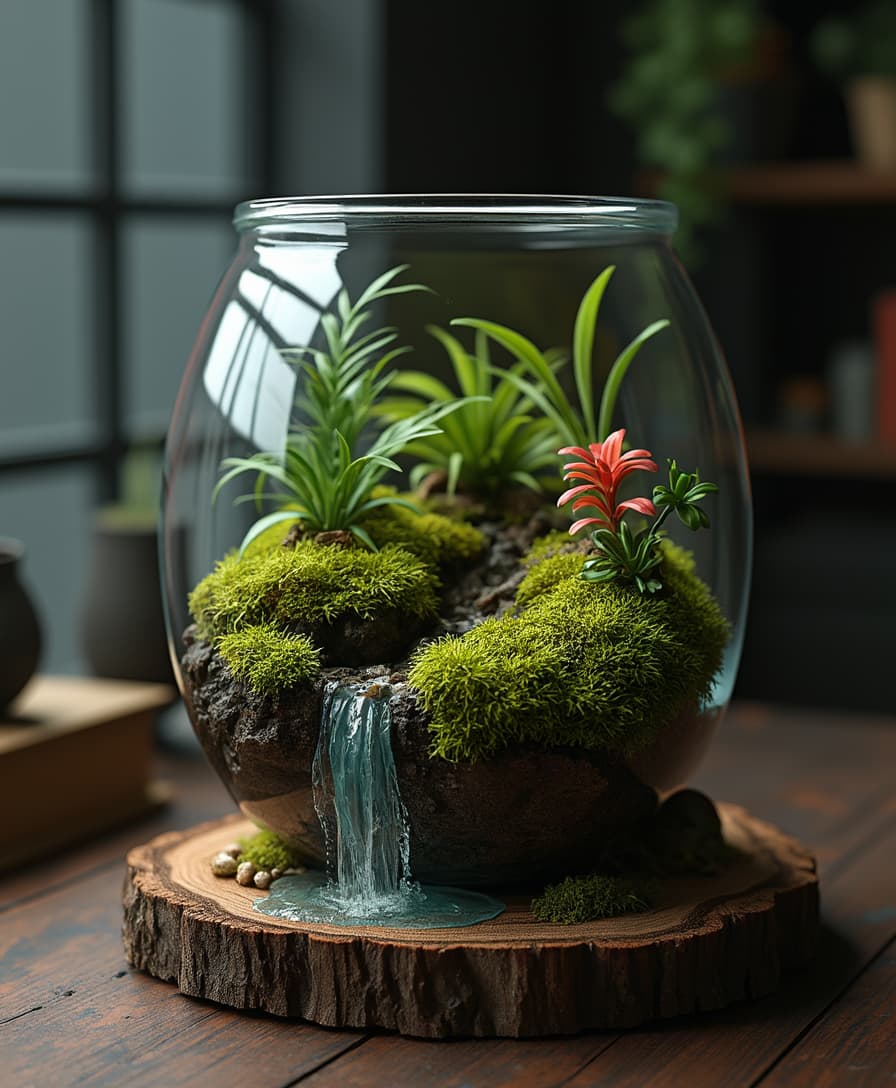 A small terrarium with moss and miniature plants inside, a tiny waterfall on the side of the glass jar, a wooden log base, a dark background, and a dimly lit room, all rendered in a hyper-realistic style.