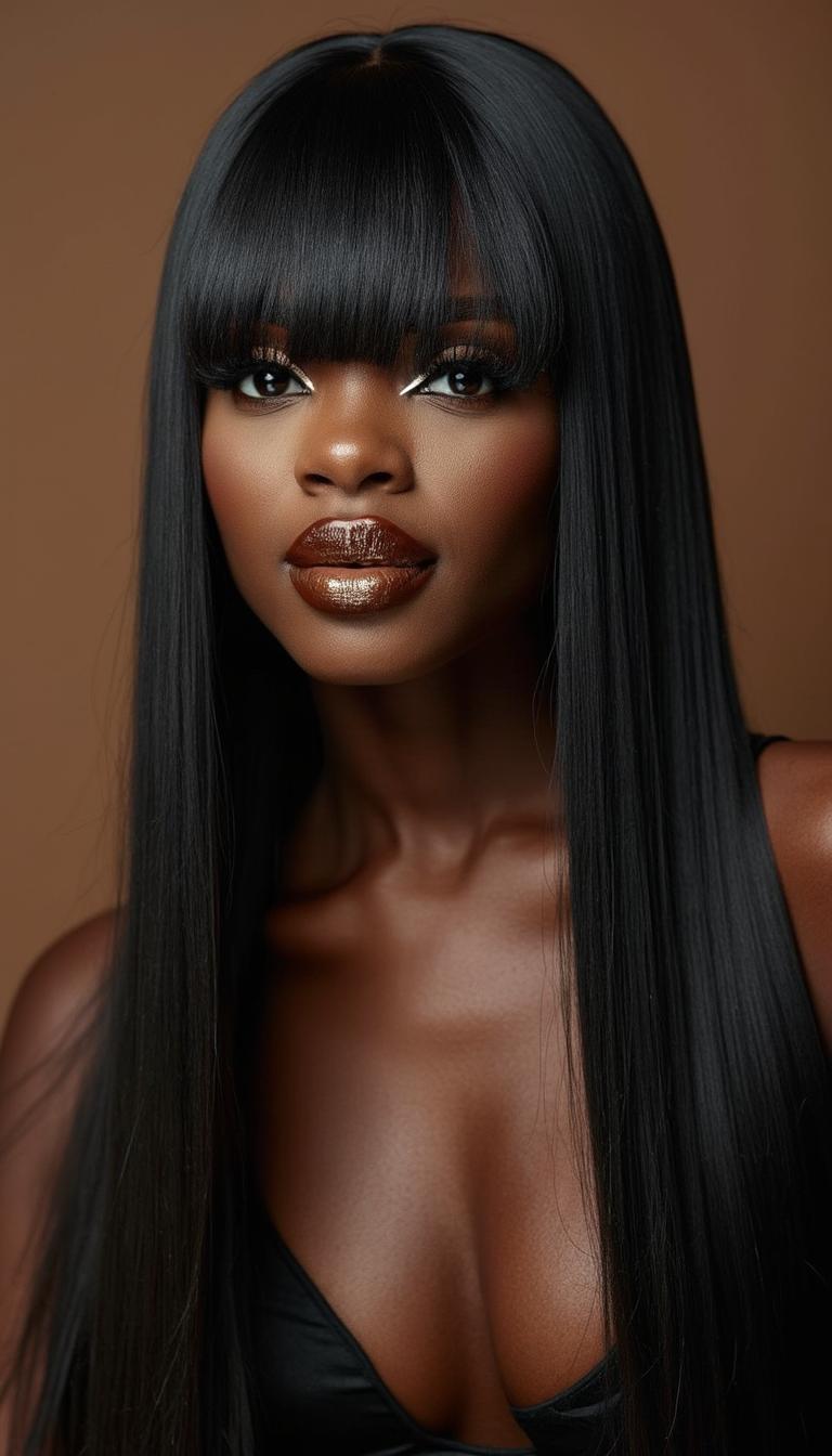 An African American woman with long, straight, sleek, and shiny hair, wearing glossy brown lip gloss. Her hairstyle features sleek bangs, and she is dressed in a sleek black outfit against a brown background. Her hair is styled in beautiful long hair extensions. She has a glamorous makeup look, with soft lighting, and her expression radiates confidence and elegance. The overall mood of the photo conveys a sense of luxury and sophistication.