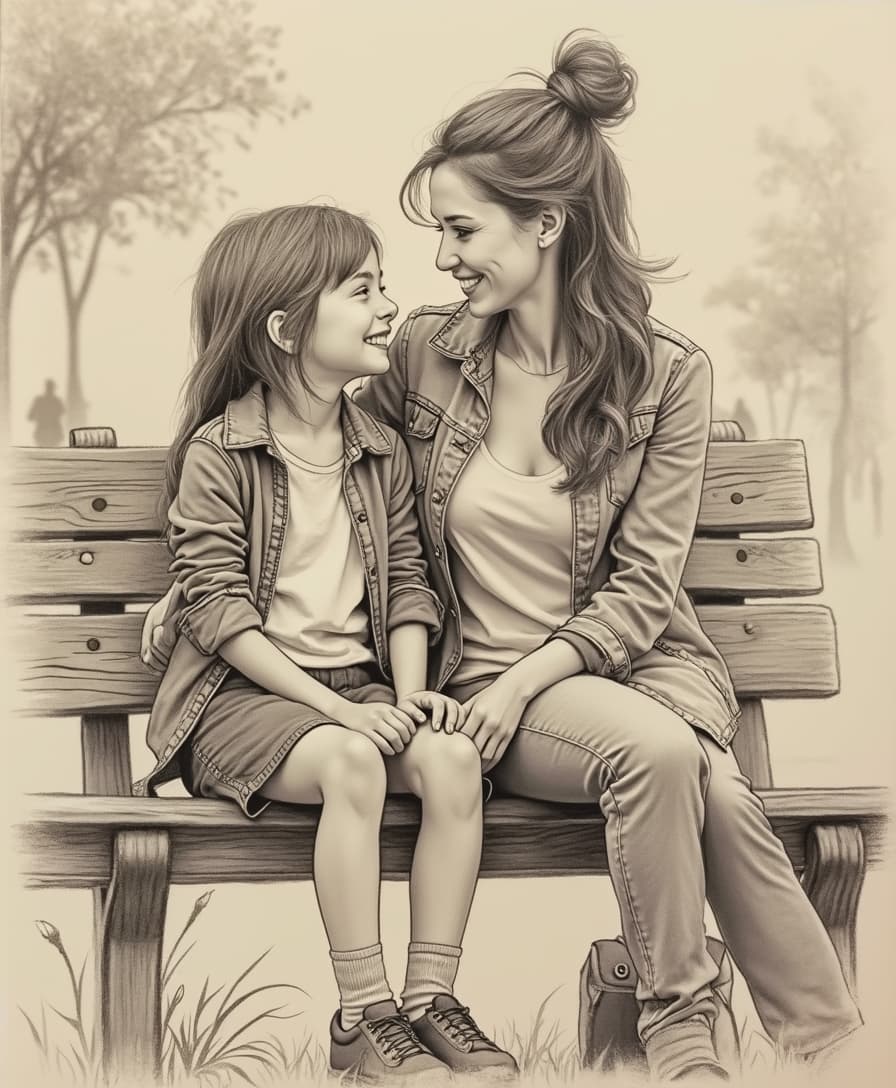 A detailed pencil sketch of a mother and her 12-year-old daughter sitting on a park bench, turned slightly towards each other with warm, genuine smiles. Their eyes meet in a shared moment of joy and understanding. The mother's body leans gently toward her daughter, while the girl's hands rest on her lap in a relaxed posture. Light, expressive pencil strokes capture movement in their hair and clothing, adding a natural flow to the scene. The background is softly sketched with hints of trees and distant figures, keeping the focus on their intimate interaction. The style is reminiscent of classic hand-drawn storyboards, with soft shading and delicate cross-hatching for depth and warmth 