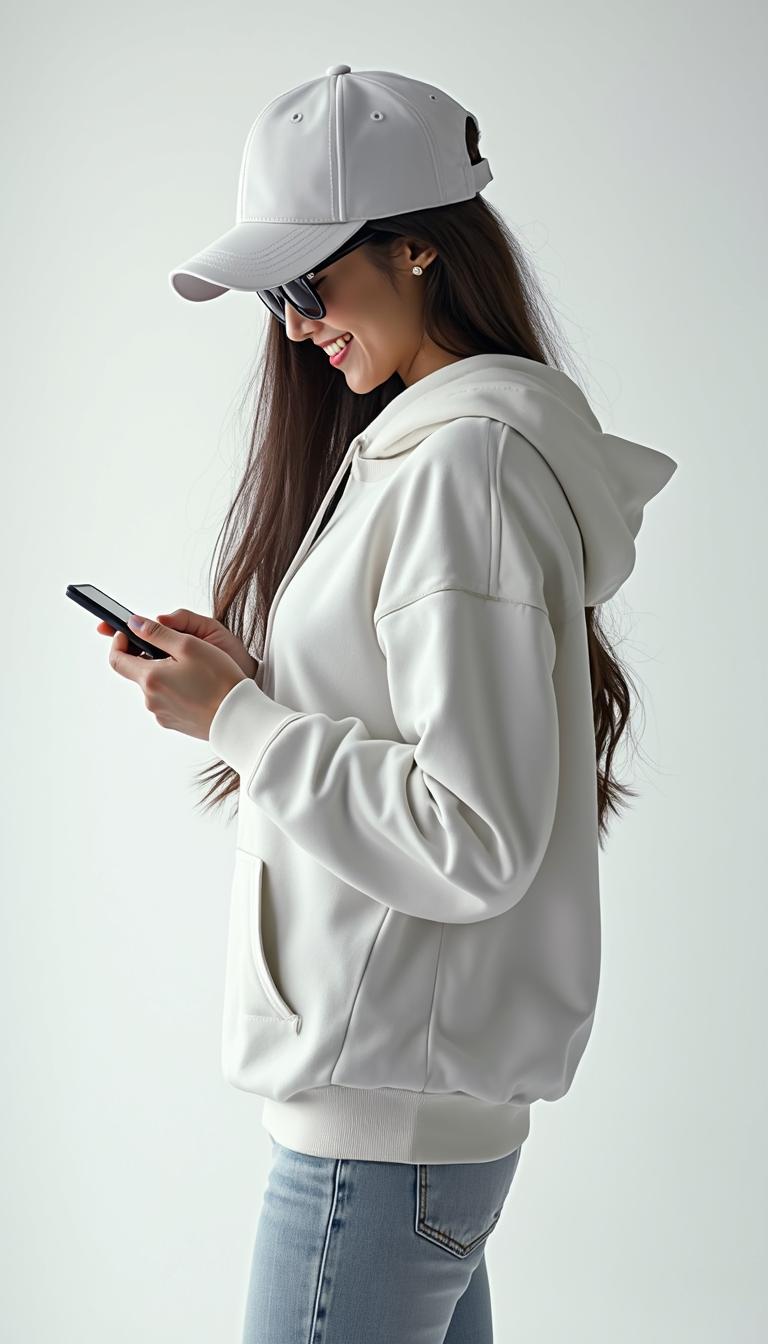 very realistic, highly detailed photo, beauty long haired adult asian smiled women stand in profile in white baseball cap in sunglasses in white hoodie doing something on his mobile phone, white clean background, high quality photo, 8K, photo taken in the style of Canon EOS R5 F2 ISO30 89mm