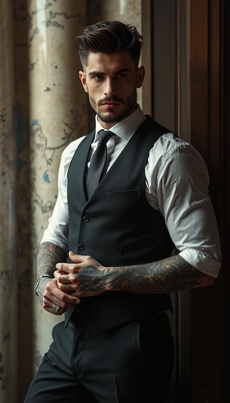 Hyperrealistic photograph of a 28-year-old mafia man dressed in a suit and tattooed. He is very attractive and handsome. Perfect features and muscular physique but not excessively so. Fondo lujoso y biendefinido