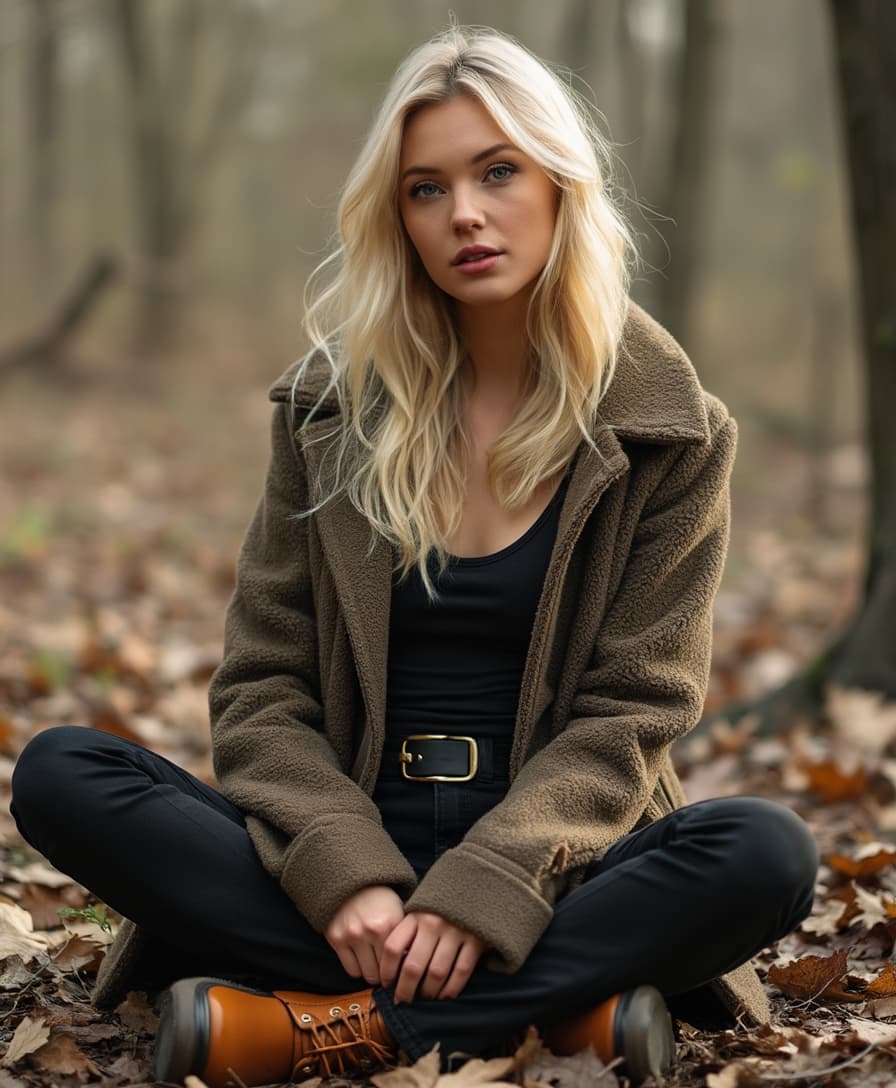 A picture of a blonde woman sitting cross-legged in the woods wearing black pants and curry Martin boots, full body, medium shot.