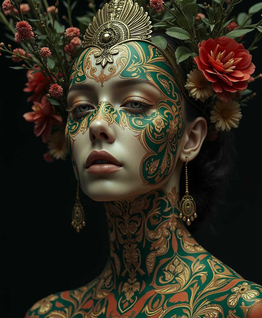 A surreal portrait of a human face seamlessly blended with intricate Indian patterns and floral motifs. The face and upper body are adorned with rich, symmetrical arabesque designs in deep emerald green, gold, and crimson, resembling a mystical fusion of human and ornamentation. The eyes are subtly shadowed, giving an enigmatic aura. The background is pitch black, creating a striking contrast. An elegant, ornamental metallic structure extends from the forehead, resembling a sacred emblem. The overall mood is mysterious, ethereal, and deeply symbolic. Ultra-detailed, hyper-realistic lighting, digital painting, cinematic shadows, 4K resolution