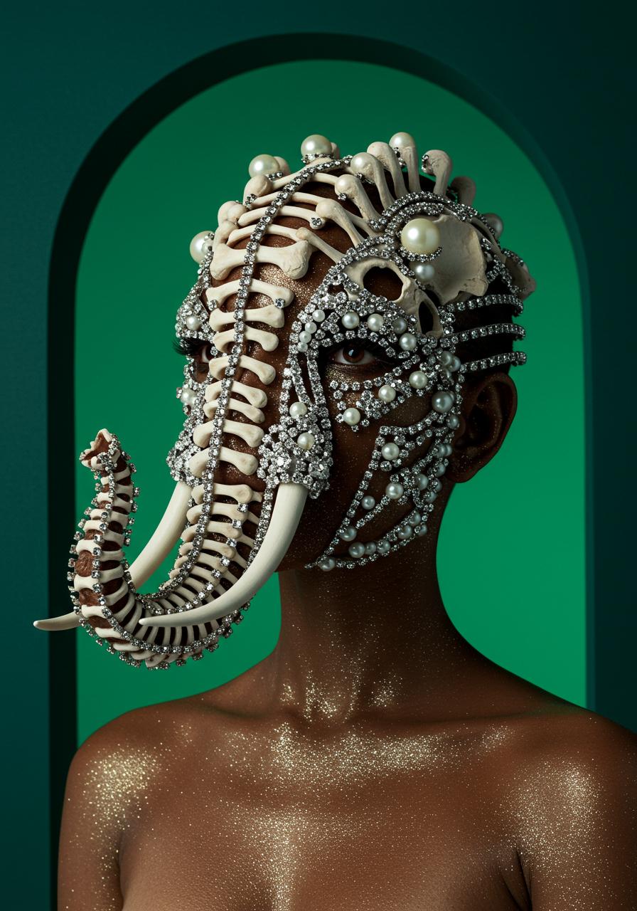 An editorial close up portrait photo of a bone elephant monster with a long trunk and with brown skin covered in bones covered in pearls and glitter, elephant human hybrid, rhinestone bones and pearls cover her head and face, silver, neon green background, arch, long shot, pastel colors, Vermeer lighting, shot on Hasselblad camera, directed by Yorgos Lanthimos ::3 shimmery skin, narrative-driven visuals ::1 