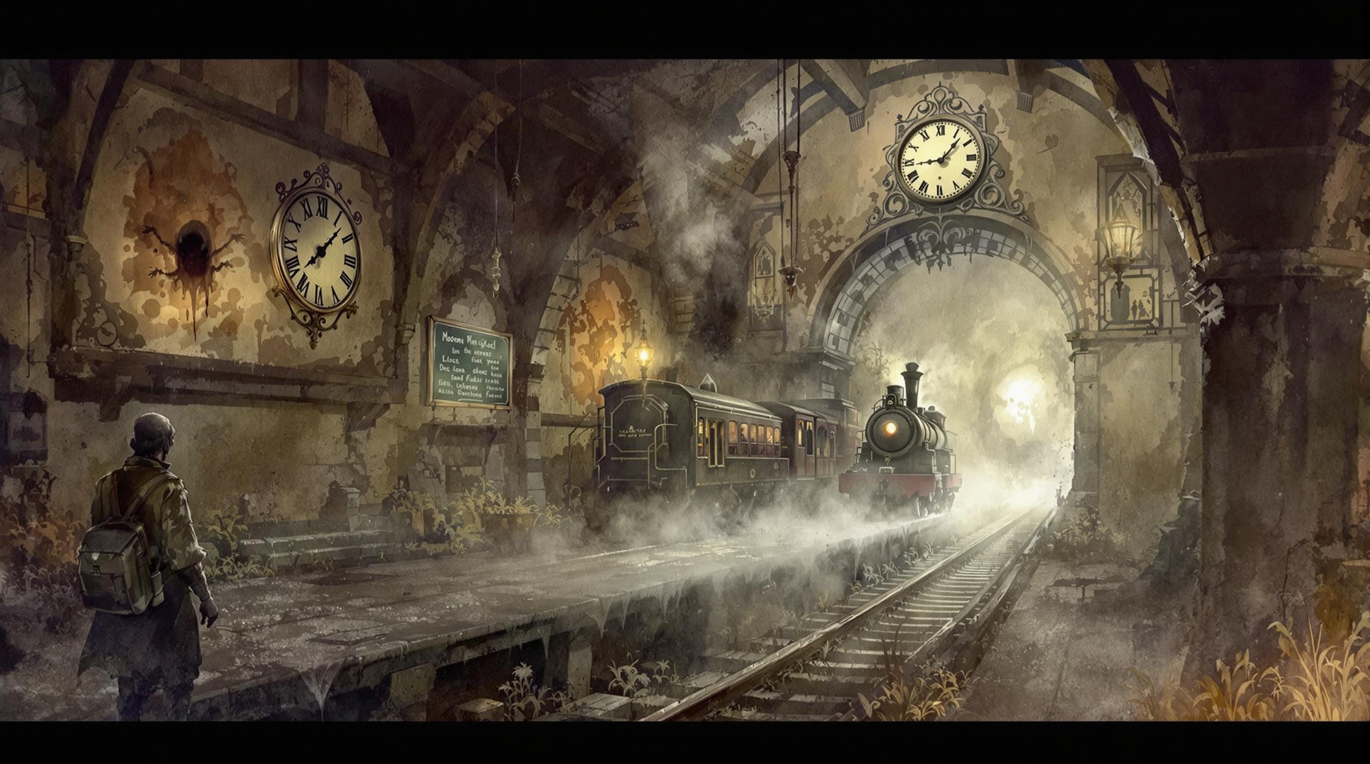 A forgotten station, a ghostly train emerges from the mist, an old clock on the wall, the time set at midnight, ethereal, fantasy art, wet watercolour natural earthly tones, highly detailed