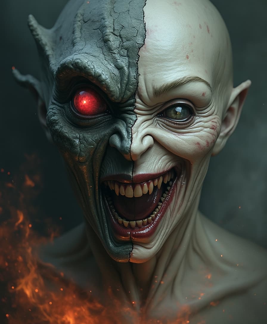 image of a half monster face and half alien face , creepy