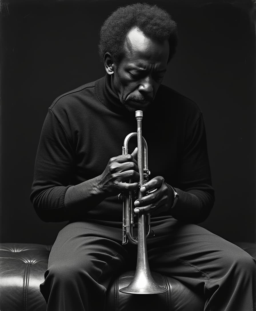 A powerful, high-contrast portrait of Miles Davis sitting on the edge of a worn-out leather bench, his trumpet resting upright between his hands, like a silent companion. Captured in the dramatic Fotoplaton photographic style, the lighting is stark and directional, casting deep shadows that carve his expression into something almost sculptural. His gaze is downward, lost in thought, as if contemplating the weight of every note he has ever played. The background is completely black, isolating him in an intimate moment of artistic reflection. His hands, worn but precise, grip the trumpet as if drawing energy from it. The folds of his dark turtleneck absorb the light, while the metal of the trumpet catches a subtle glow, making it the only bright element in the frame. The composition evokes not just the sound of jazz, but the silence between the notes--the space where genius breathes