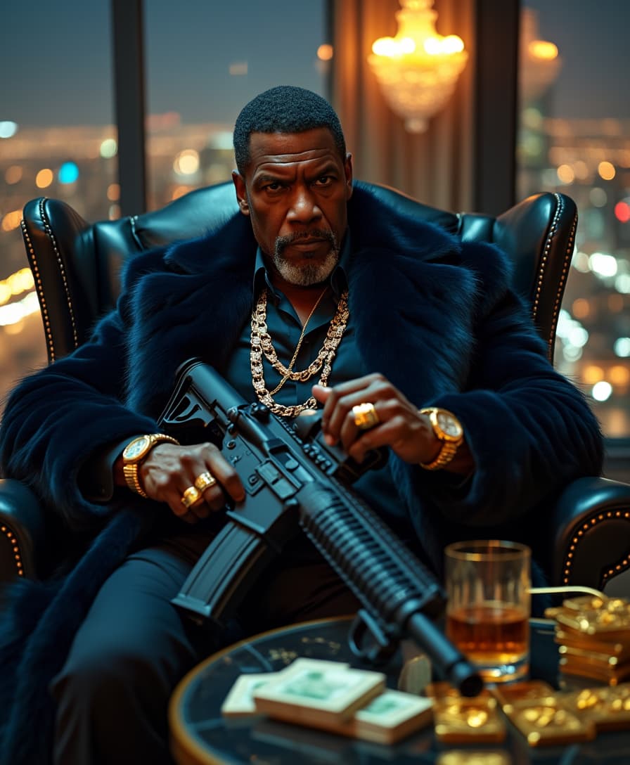 A hyper-realistic cinematic shot capturing Denzel Washington as a ruthless billionaire gangster, sitting in a luxurious black leather armchair inside a dimly lit penthouse overlooking the neon-lit city skyline at midnight, exuding unmatched power, dominance, and control, wearing a long, deep navy-blue fur coat draped over a perfectly tailored jet-black designer suit with a silk midnight-blue shirt, accessorized with thick diamond-studded gold Cuban link chains, a platinum Rolex, and multiple gold rings flashing under the ambient lighting, his iconic sharp gaze and calm yet deadly smirk radiating absolute authority, a lit cigar smolders between his lips, the smoke curling into the air as he exhales slowly, gripping a sleek black and gold M16 rifle in his hands, carefully disassembling and cleaning the weapon with a focused expression, his strong, veined hands methodically wiping down the barrel, every movement precise and calculated, the penthouse bathed in moody golden lighting from a crystal chandelier, a glass of aged whiskey on the table beside him, with stacks of cash and gold bars neatly arranged next to an open case of ammunition, the background featuring the glow of the city skyline reflecting off the massive glass windows, luxury cars visible in the private garage below, cinematic lighting emphasizing the sharp textures of his fur coat, the brilliance of his gold accessories, and the intense, battle-hardened expression on his face, his relaxed yet dominant posture exuding the aura of a crime boss who controls everything from the top, untouchable, fearless, and always in command, ultra-detailed textures, cinematic lighting, deep shadows, high contrast, full dark background, 8K, shot on IMAX Laser, intricate details 