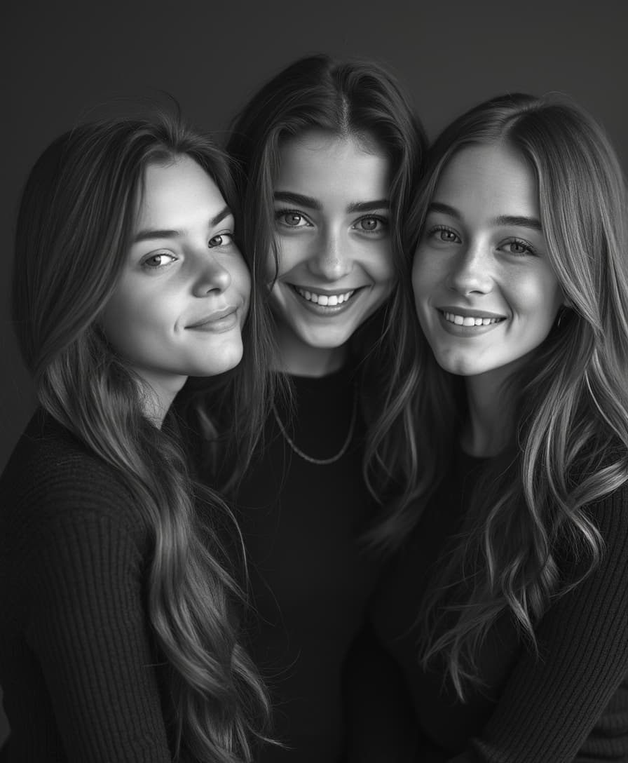 An artful contemporary black-and-white photo portrait of three tall hot sisters who are close in age, posing for the camera playfully and smiling. The oldest sister is stunning and shortest and in her mid-twenties, while her middle sister is a beautiful college girl, youngest sister is cute college girl, strong resemblance, same eyes. There is love and deep familiarity between them. Dark composition. Photo is a subtly cream-toned grayscale platinum-palladium photograph, subtly graded tones, smooth highlights, sharp focus throughout, complex composition 