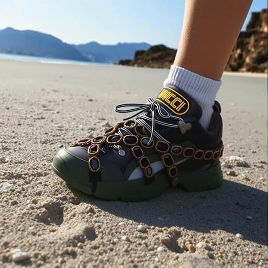 a woman walking on the beach wearing these shoes