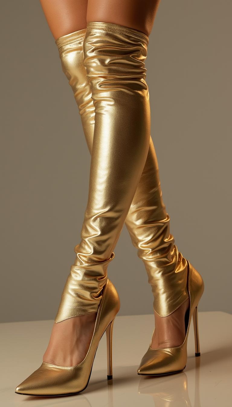 wearing metallic golden tight over knee heels
