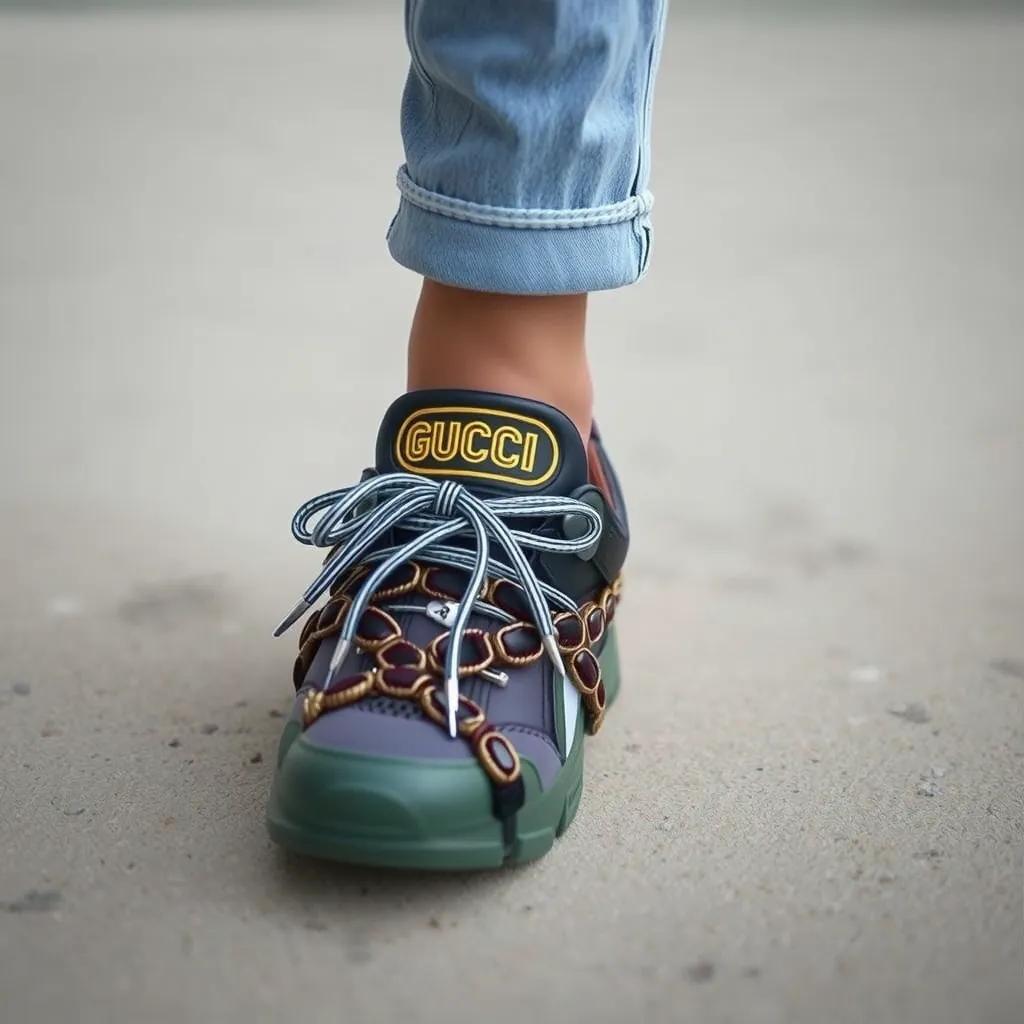 a man wearing some gucci shoes