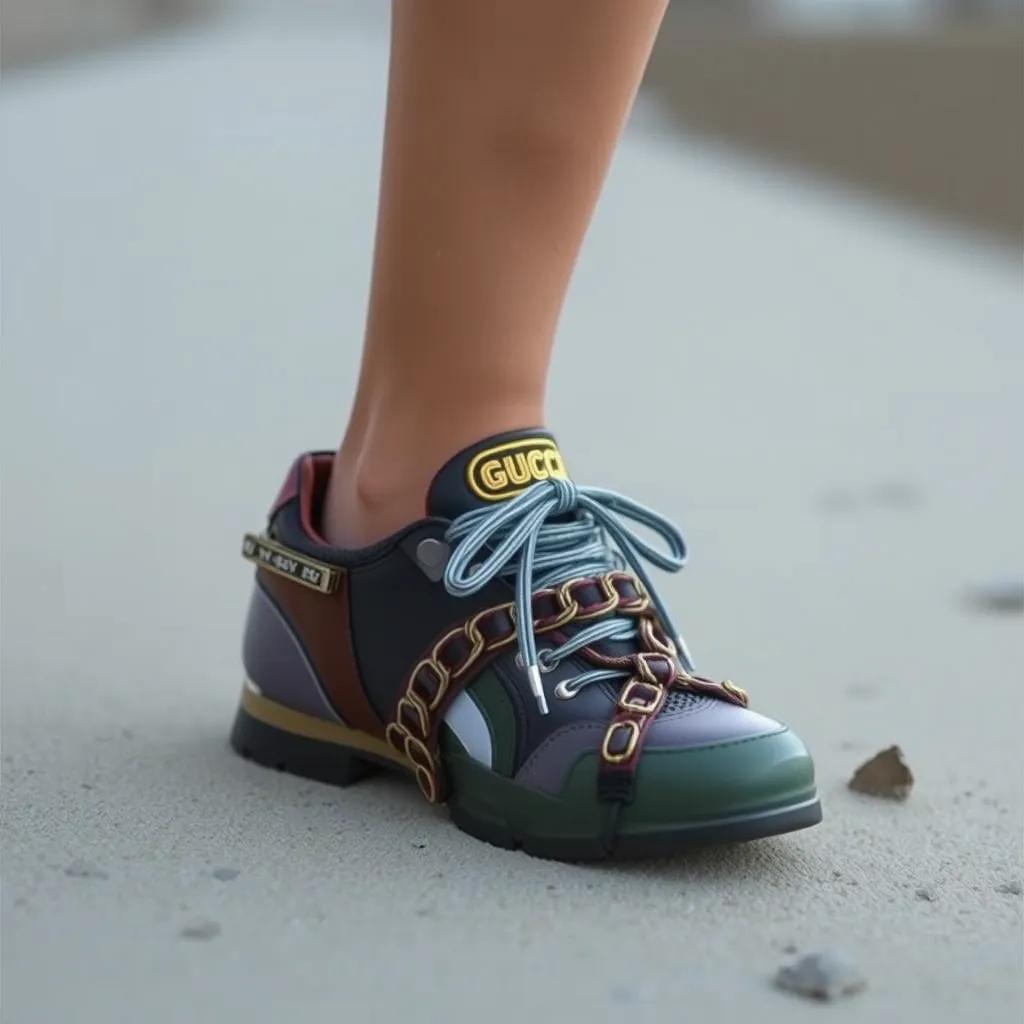 a man wearing some gucci shoes