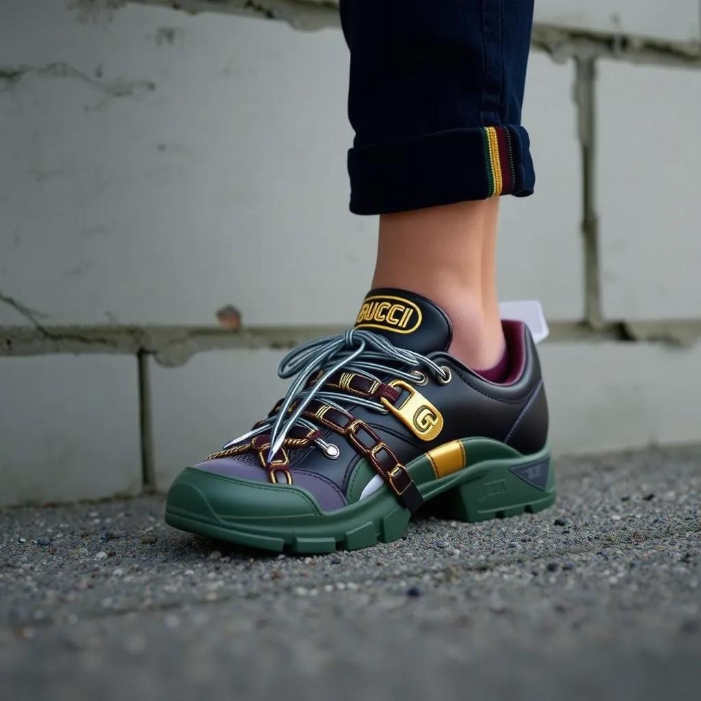 a man wearing some gucci shoes