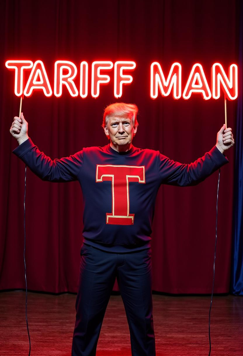 a photo of MAGA, create an image of MAGA man with a massive "T" logo on his chest outfit,  and holding a sign with the words "Tariff Man" 3d neon