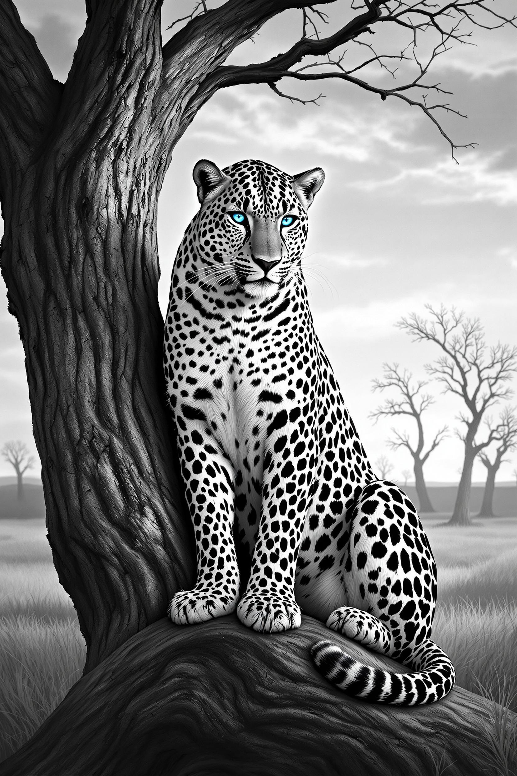 A big imposing leopard with blue eyes sits on a tree trunk in the dry savannah. You can see the sunrise and bald trees in the background. Black and white painting with light painting highlighting lines on the leopards