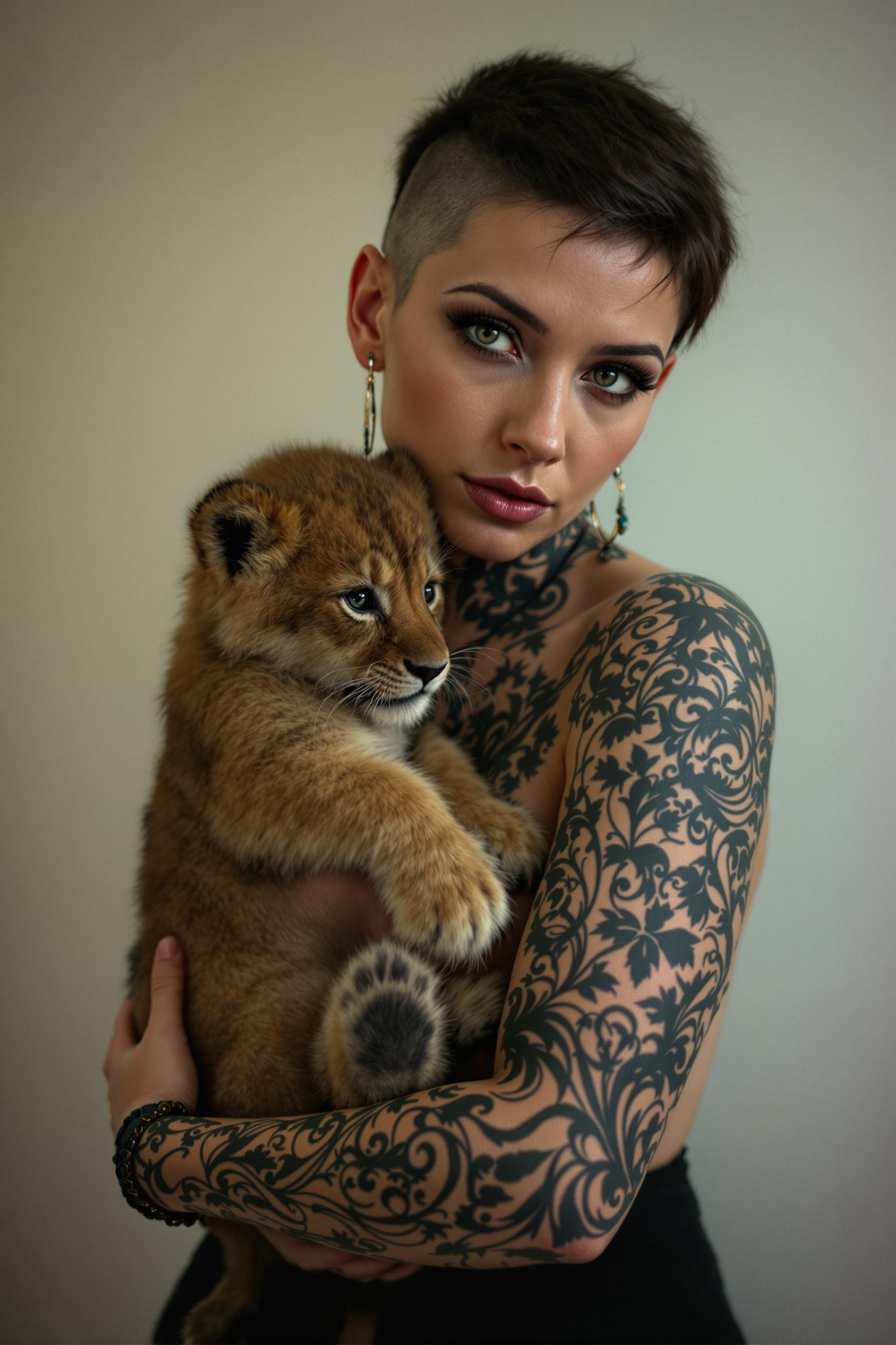 A woman with short hair is totally tattooed and has a lion cub on her arm. Realistic light painting highlighting the tattooed woman
