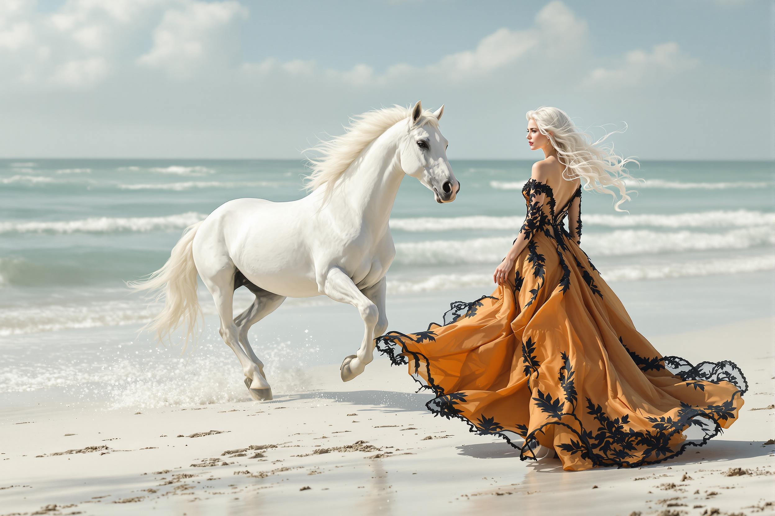 white horse galloping on a white sand beach and a beautiful white haired young woman. the horse gallops in the distance, the beautiful young woman is standing on the beach, wearing a beautiful flowy copper colored dress embroidered with black lace. realistic 16k