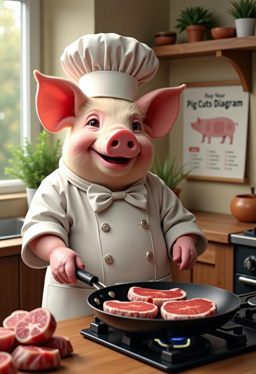 In the foreground stands a happy pig chef, enthusiastically frying pork chops in a large frying pan in the kitchen. There is a "pig cuts diagram" hanging on the kitchen wall.