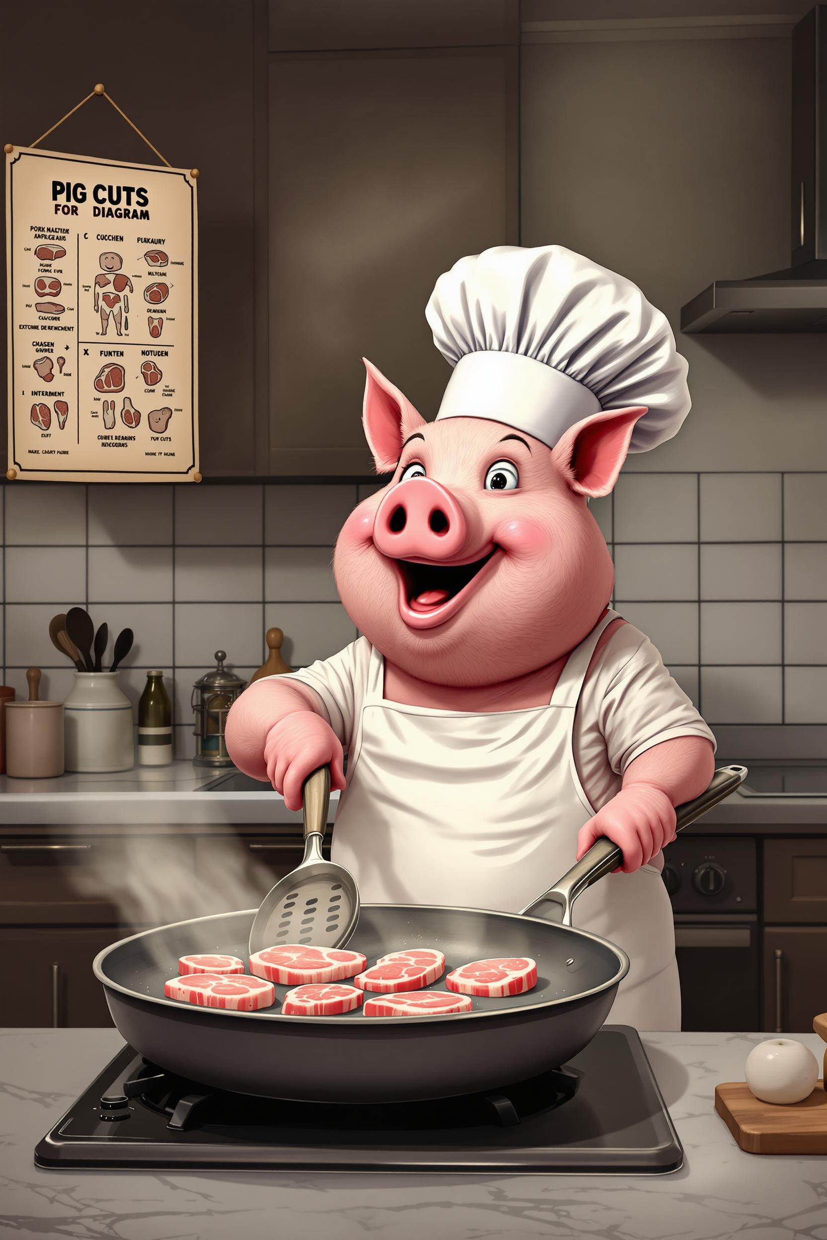 In the foreground stands a happy pig chef, enthusiastically frying pork chops in a large frying pan in the kitchen. There is a "pig cuts diagram" hanging on the kitchen wall.